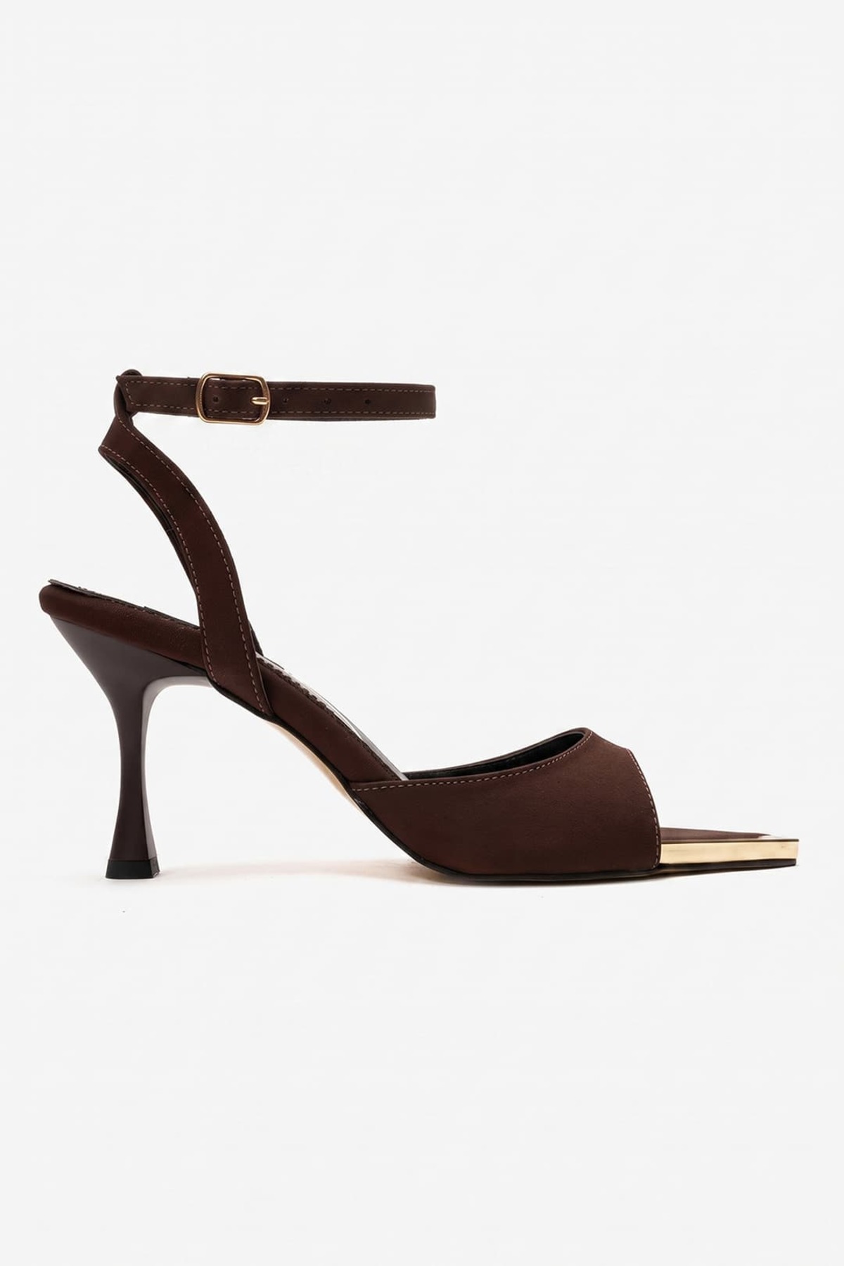 Lizy Shoes Saten Kahverengi 8 cm. İnce Topuklu Bilekten Bağlamalı Şık Abiye Sandalet görsel 2
