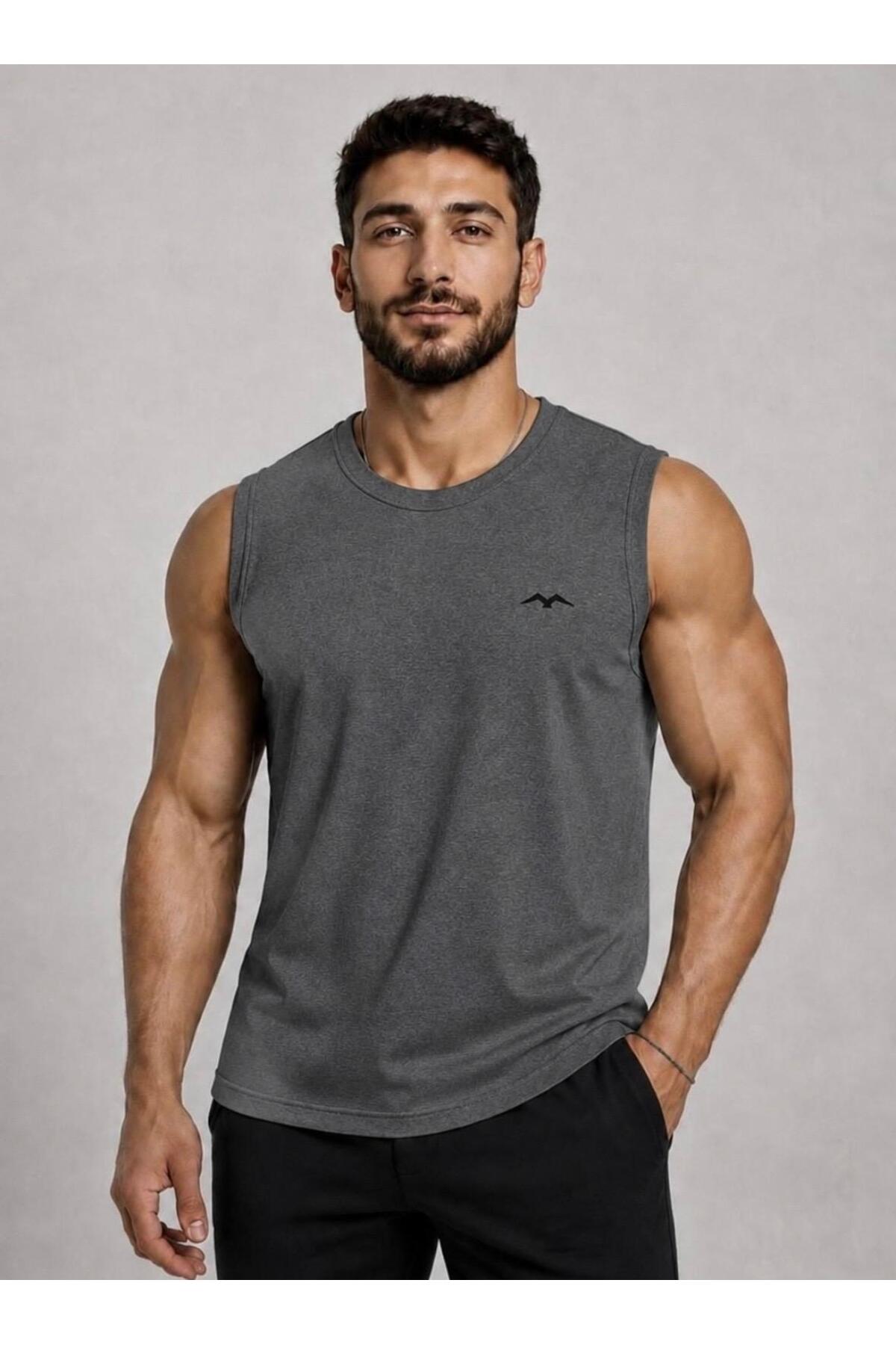 AXXEL Erkek Koyu Gri Melanj Bisiklet Yaka Kolsuz T-shirt-d690