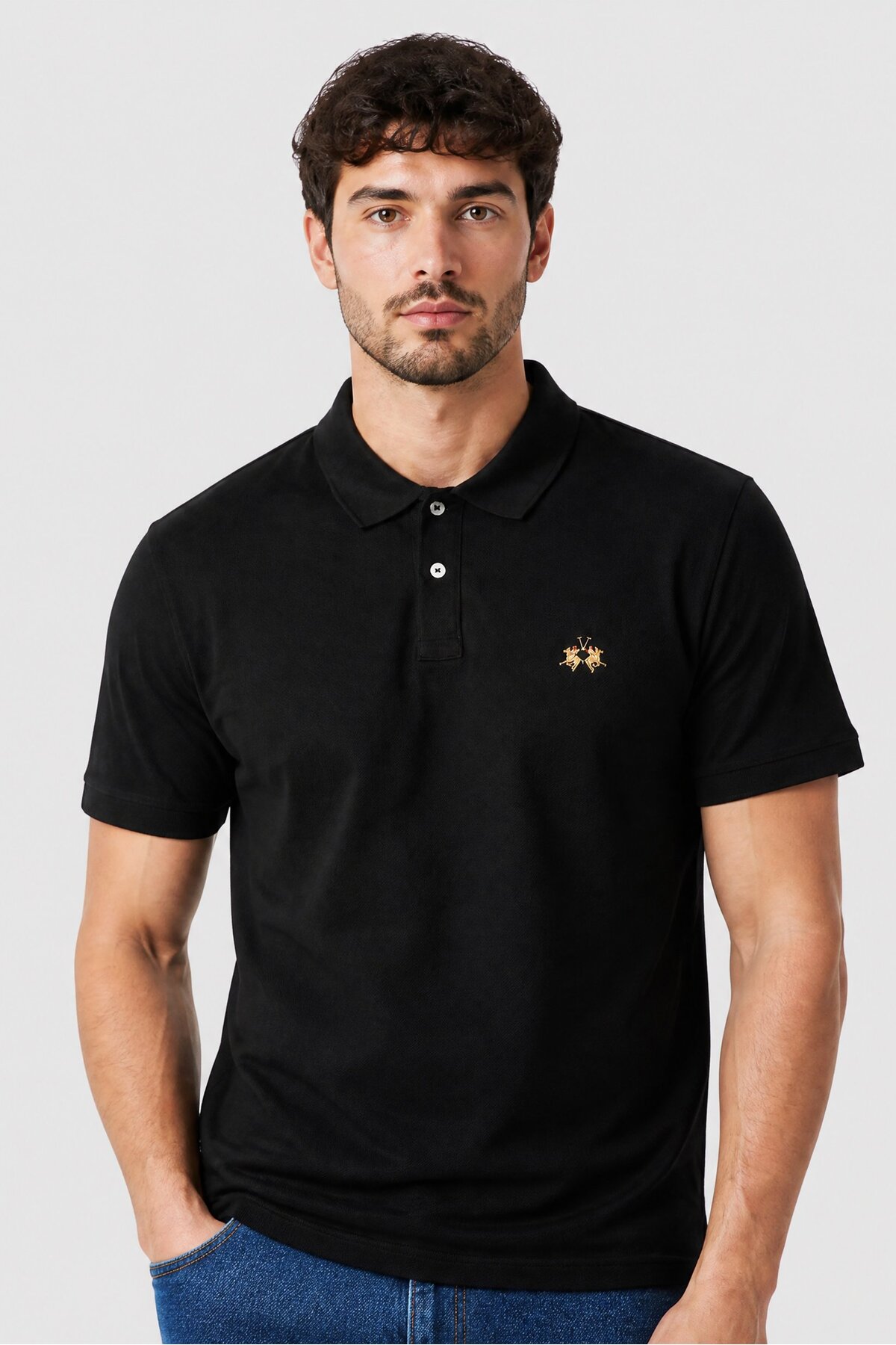 La Martina Men Regular Fit Embroidered Logo Short Sleeve Polo Shirt, Black