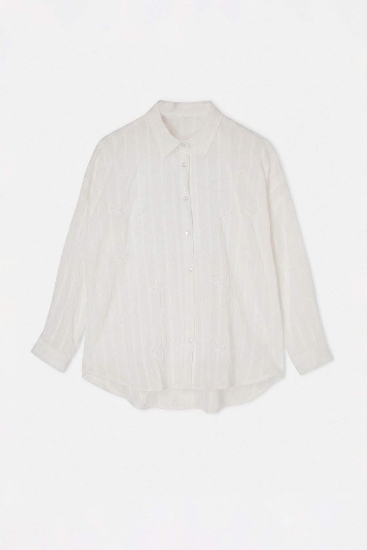 Drop by Trendyolmilla Beyaz Oversize Taşlı Nakışlı İnce Kumaş Transparan Gömlek TDRSS26GO00102