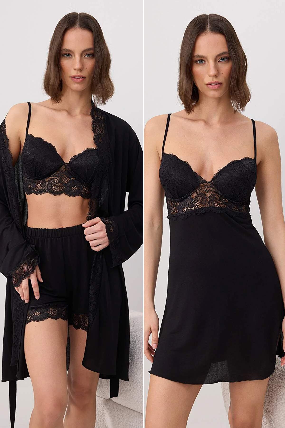 Trendyolmilla Siyah 4'lü Dantel Detaylı Sabahlık + Gecelik + Bralet + Şort Örme Pijama Takımı THMSS26PT00093