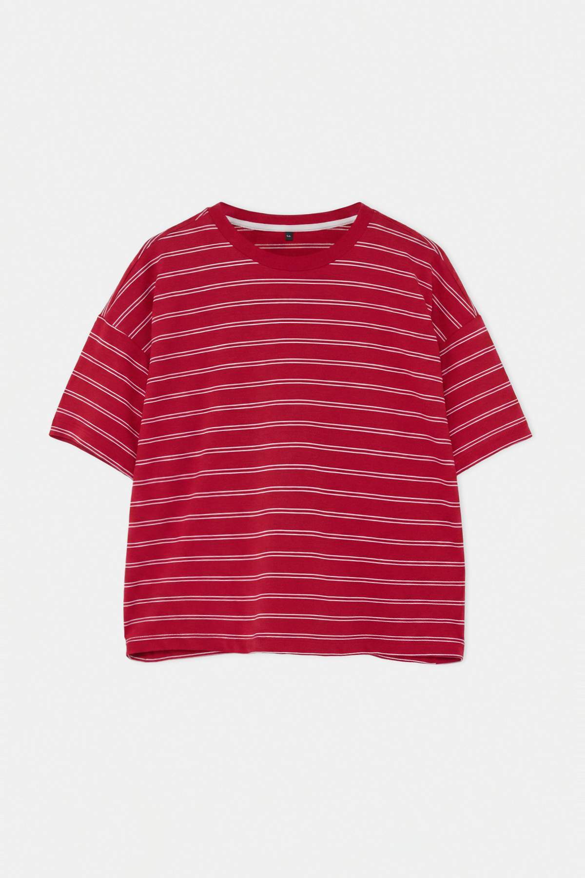 Trendyolmilla Curve Bordo Çizgili Boxy/Relaxed Kalıp Kısa Kollu Pamuk Karışımlı Örme T-Shirt TBBSS26BF00088
