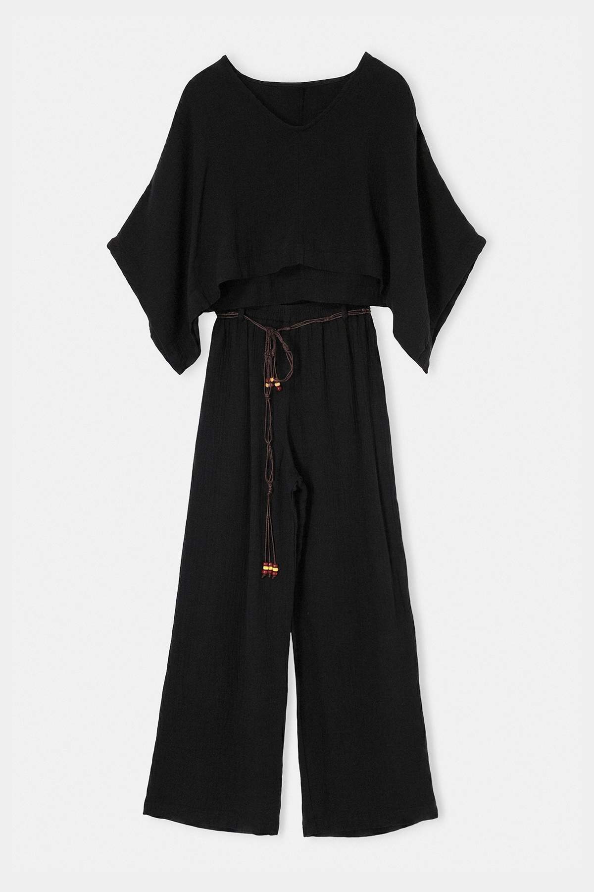 Drop by Trendyolmilla Müslin Yarasa Kol Crop Bluz Kemerli Geniş Paça Takım