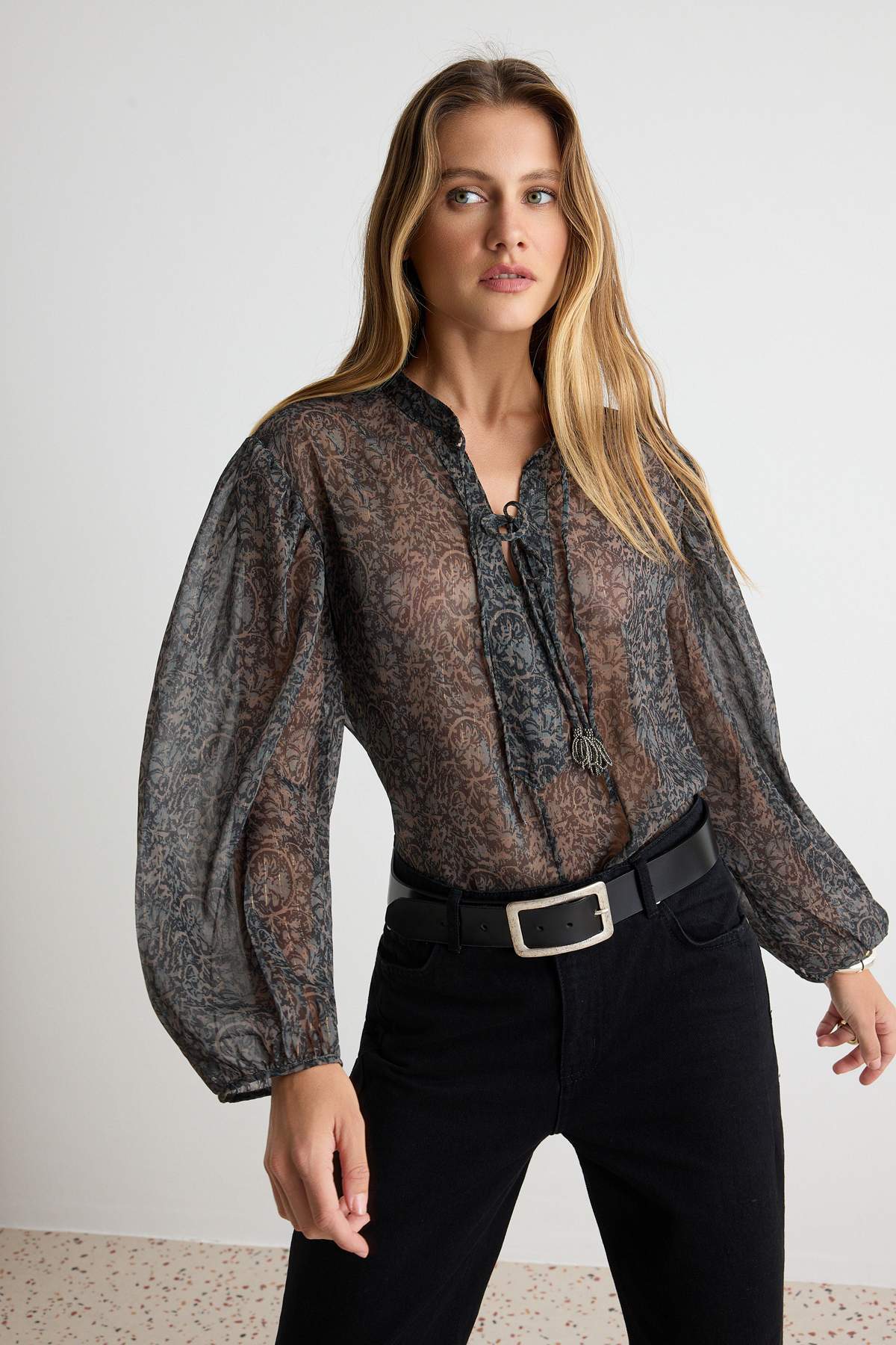 Trendyol Collection Black Patterned Balloon Sleeve Transparent Chiffon Blouse Twoaw27Bz00043