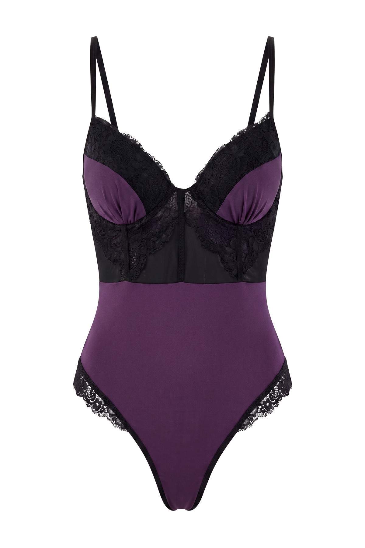 Trendyolmilla Mürdüm Jarse Dantel Detaylı Body THMAW27BD00011