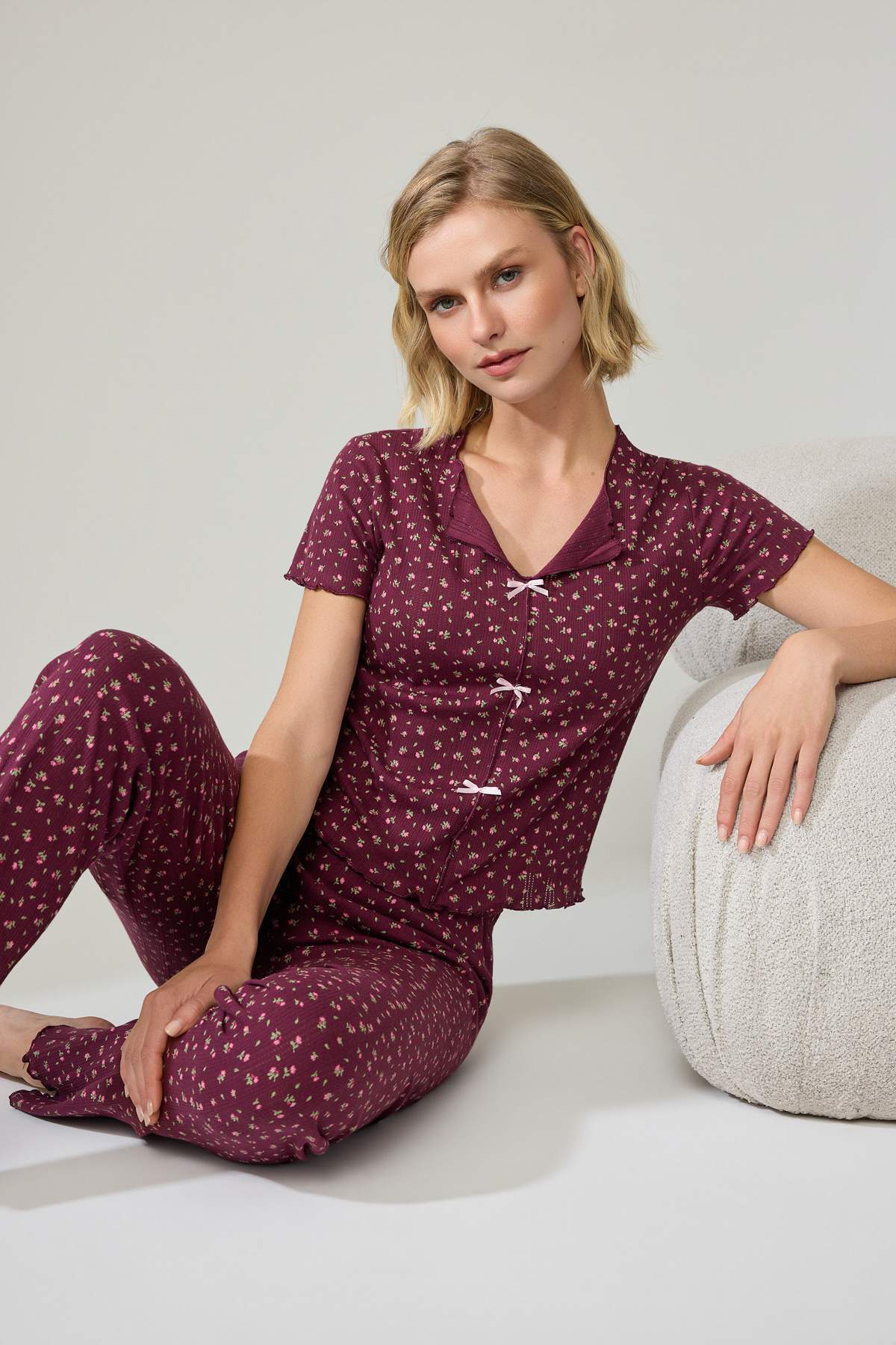 Trendyol Collection Mürdüm 100% Cotton Floral Ribbon/Bowknot Pointel Knitted Pajama Set Thmss26Pt00010