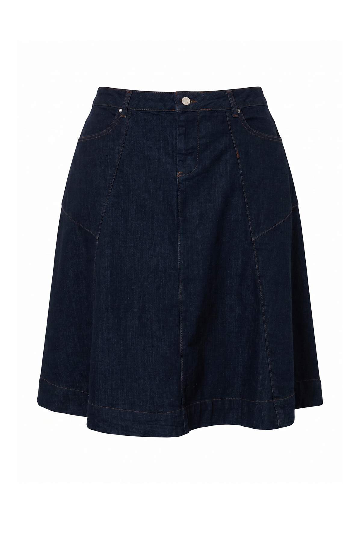 Trendyolmilla Curve Koyu Mavi Yüksek Bel Dikiş Detaylı Midi Boy Denim Büyük Beden Etek TBBAW27AZ00023