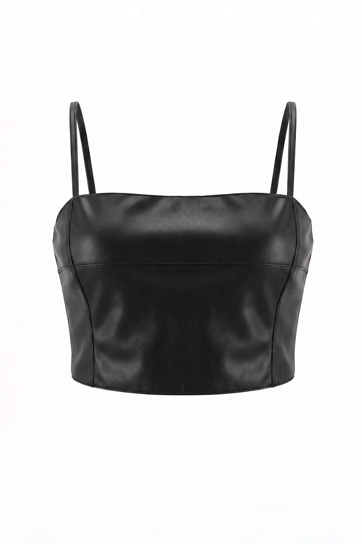 Trendyolmilla Siyah Düz Fitted/Vücuda Oturan Süper Crop/Ekstra Kısa İnce Askılı Suni Deri Örme Bluz TWOAW27BZ00257