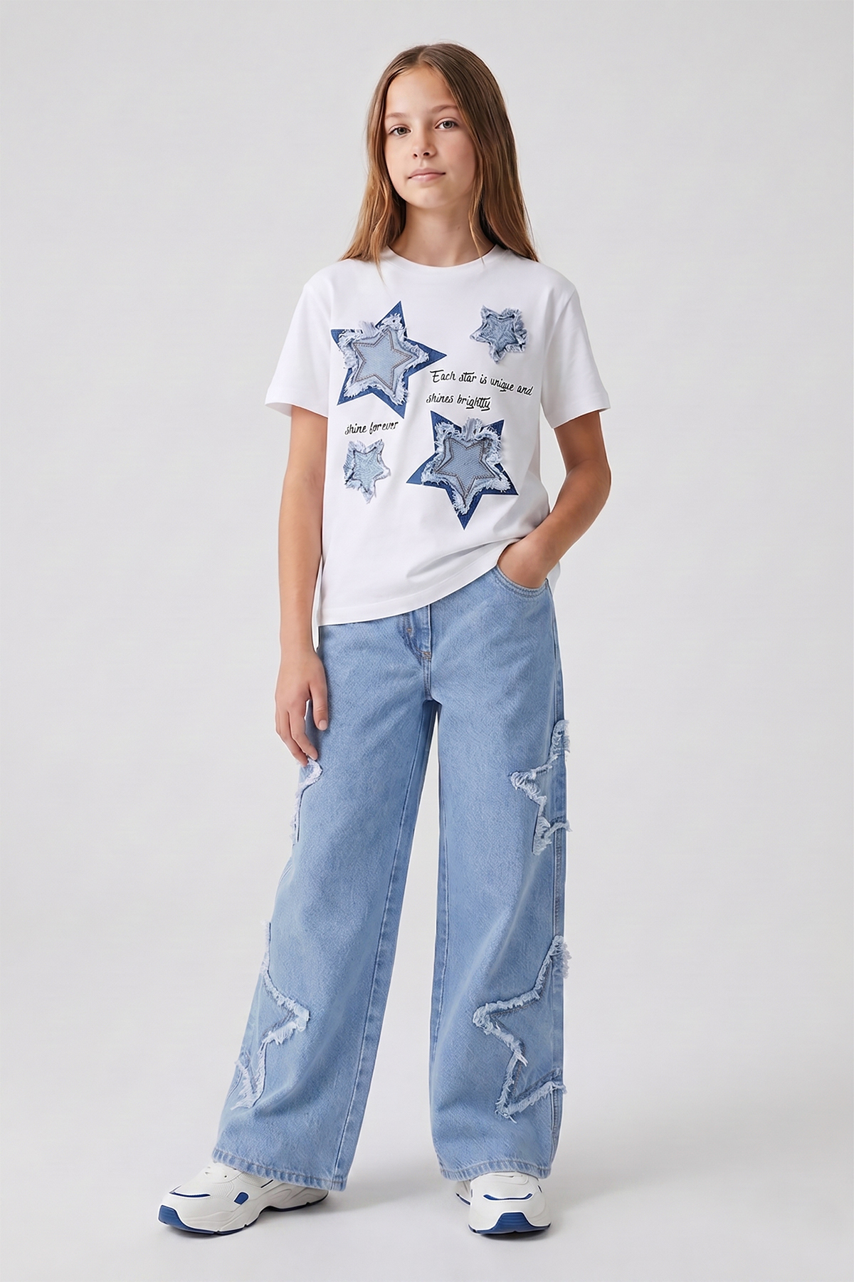 Girls Star Applique Wide Leg Jeans