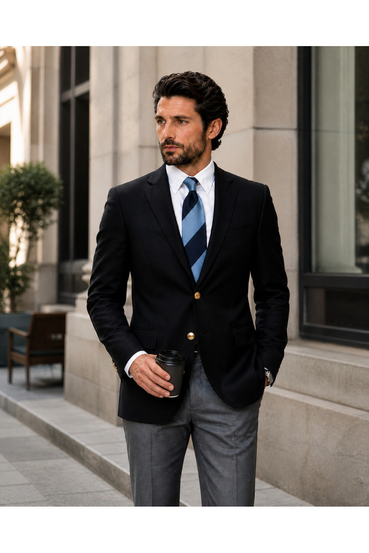 FABIO CASSEL Erkek Siyah Blazer Ceket, Slim Fit, Altın Düğmeli, Klasik Şık Tek Ceket görsel 2