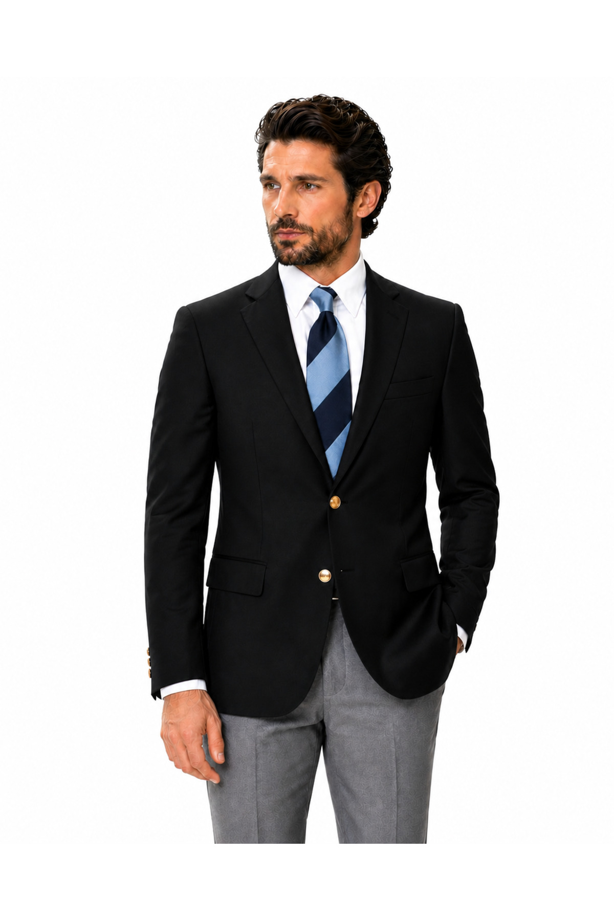 FABIO CASSEL Erkek Siyah Blazer Ceket, Slim Fit, Altın Düğmeli, Klasik Şık Tek Ceket