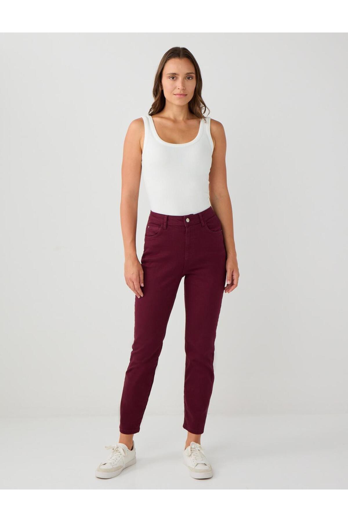 Burgundy High Waist Regular Leg Woven Pants