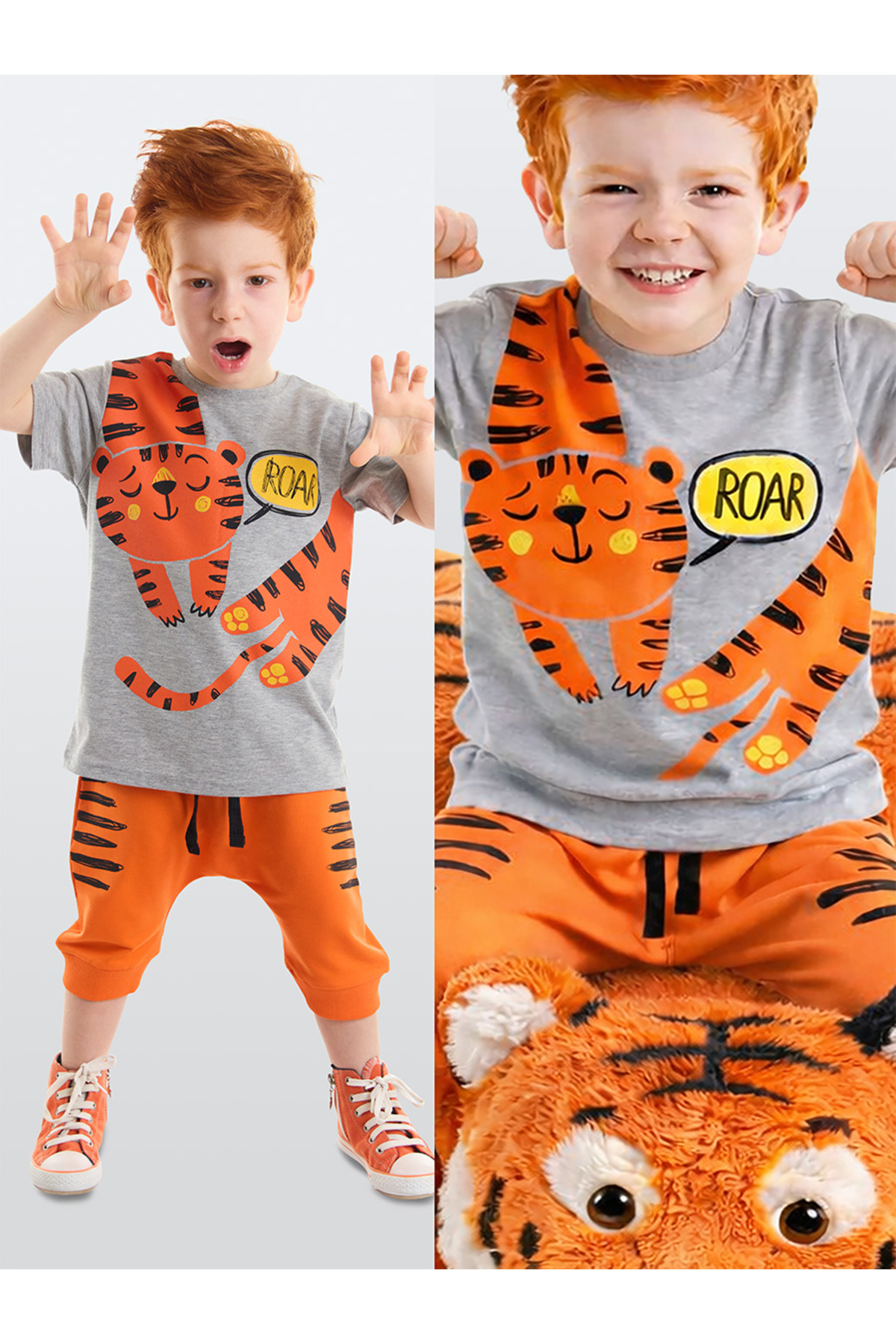 Roar Tiger Orange Boys Summer T-shirt Capri Shorts Set