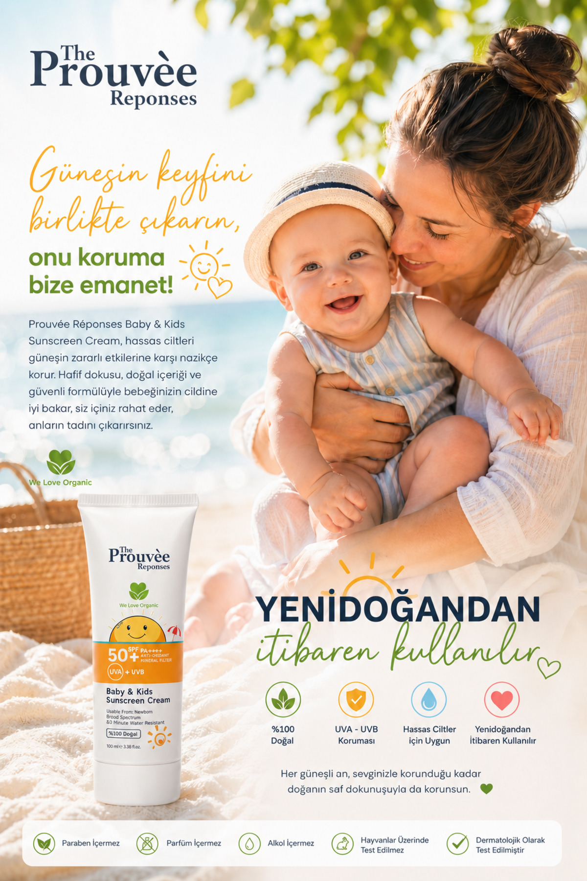 %100 Doğal 50 Spf Bebek Ve Çocuklar Için Organik Güneş Koruyucu Krem 100 ml — ORGANİKSUNBABY — تصویر 3 از 8