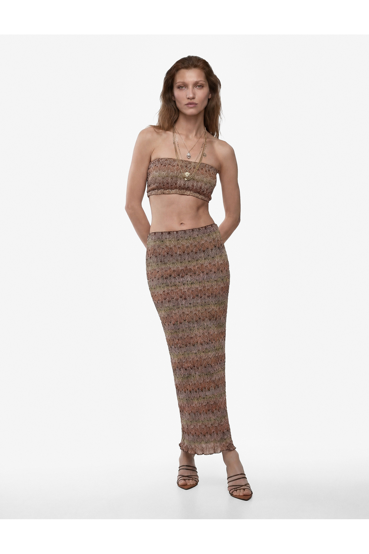 Koton Slim Fit Desenli Straplez Crop Kroşe Top görsel 3