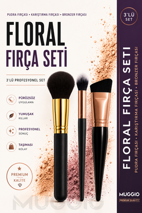 Muggio Floral Premium 3'lü Makyaj Fırça Seti Pudra - Karıştırma - Bronzer Fır...