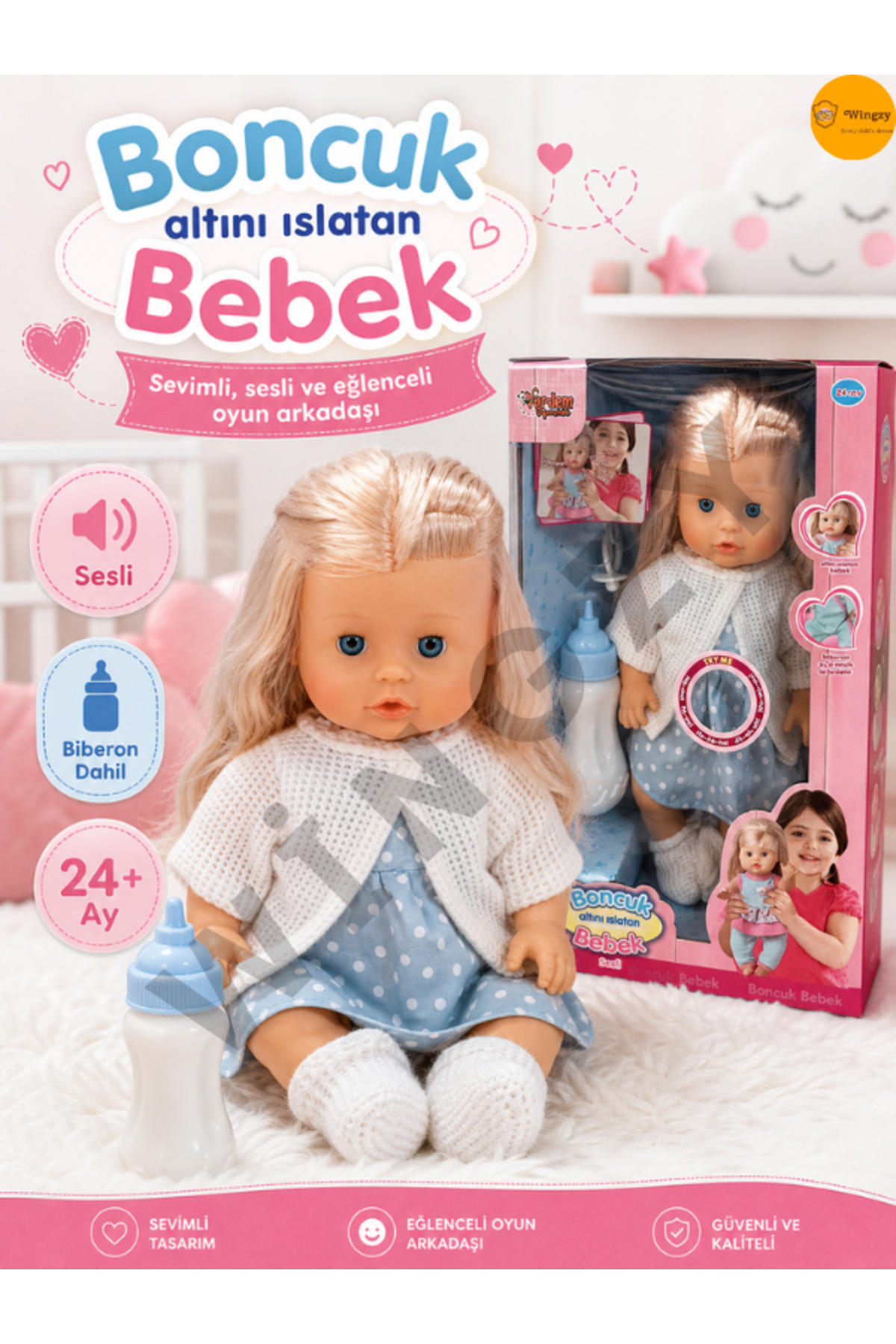 Wingzy Sesli Emzikli ve Biberonlu 30 cm Altını Islatan Boncuk