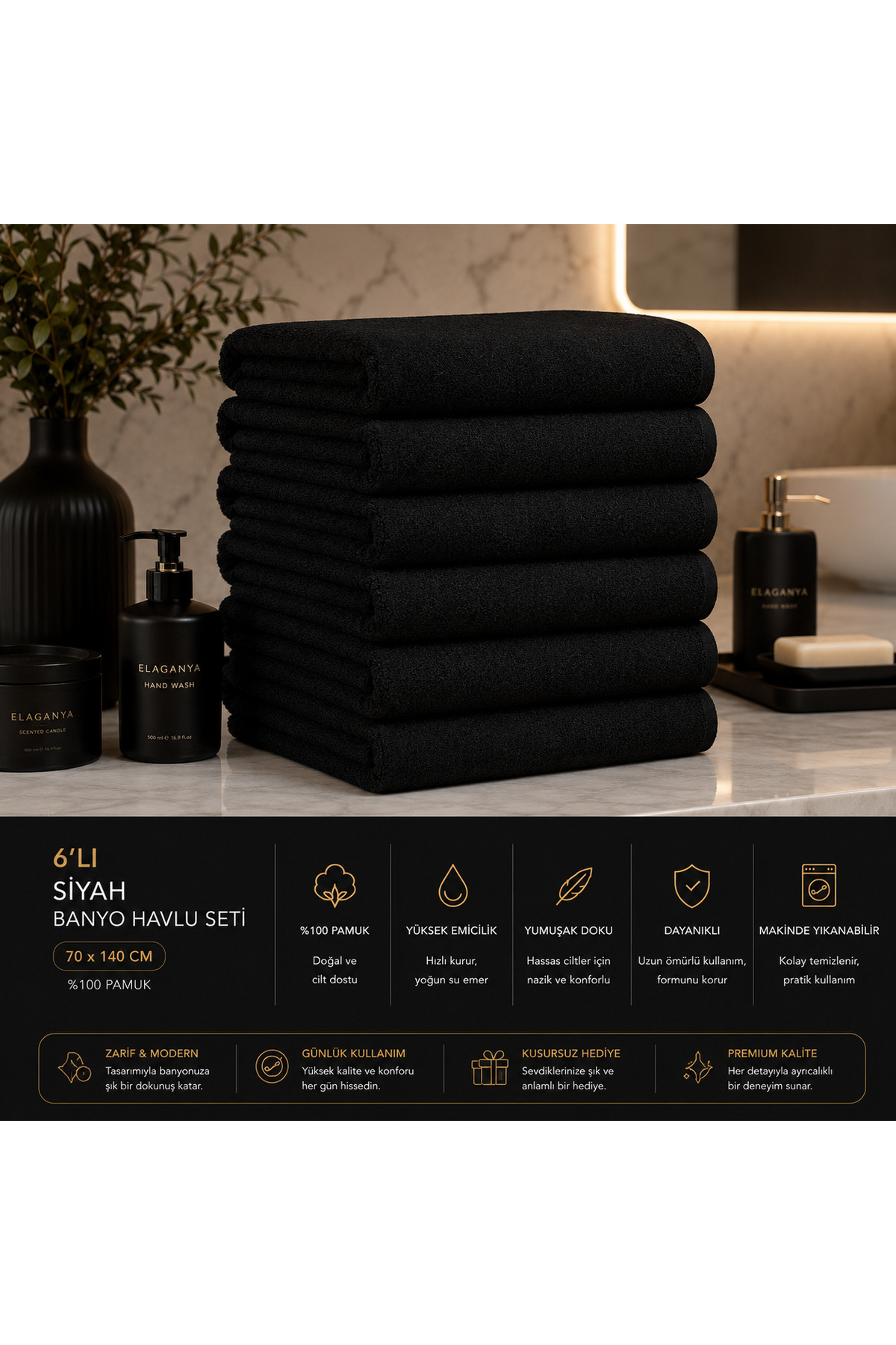 Elaganya 6 részes fekete fürdőlepedő szett 70x140 |   Puha, 100% pamut spa és...