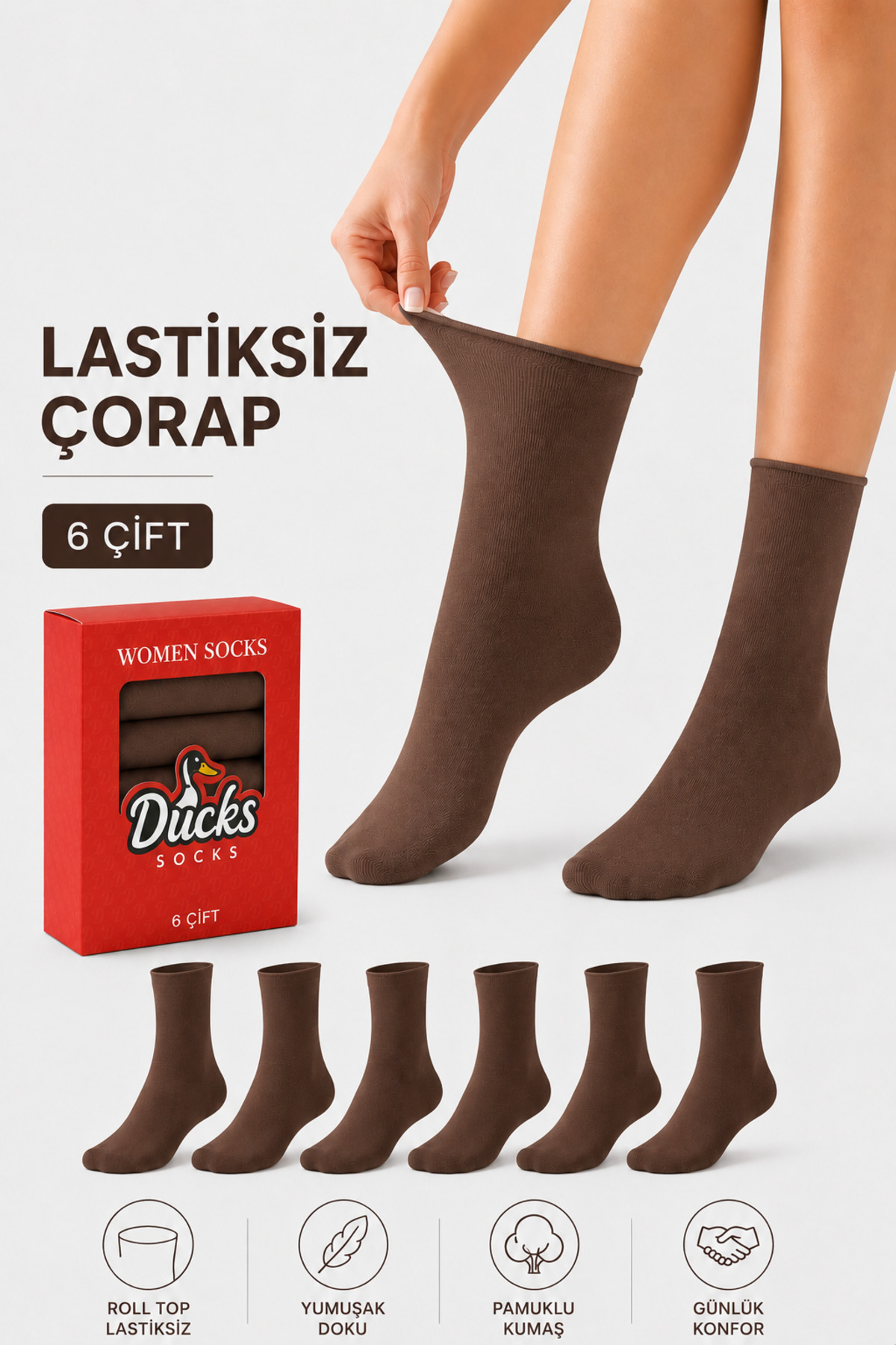 Women's Brown 6-Pack Cotton Boxed Elastic Socks Diabetic Friendly Seamless Seamless Long Tightening Socks