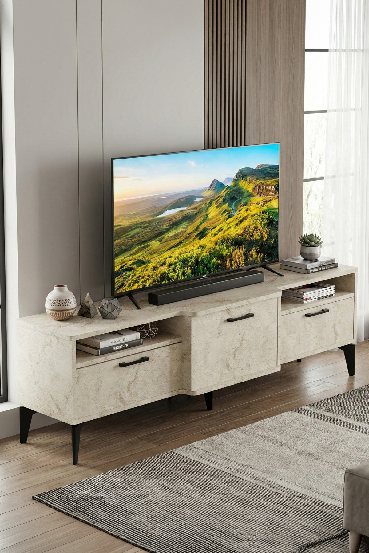 Goldfalez Mistral TV Sehpası Suntalam Ekru 160x40 cm görsel 4