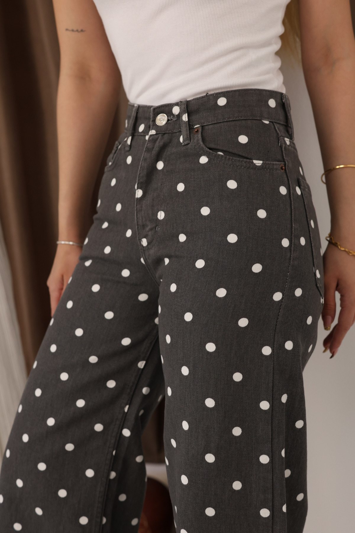 Kadın Füme Beyaz Puantiyeli Yüksek Bel Wide Leg Culotte Jean Pantolon Salaş Retro Denim