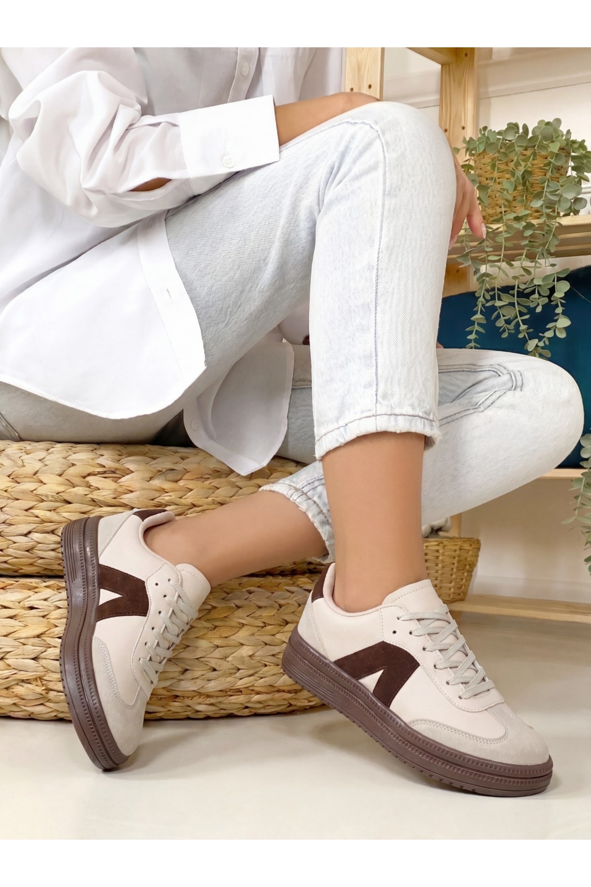 E SPORT Kadın Sneaker Yüksek Taban Ortopedik Bağcıklı Spor Ayakkabı Retro Bej-011 görsel 4