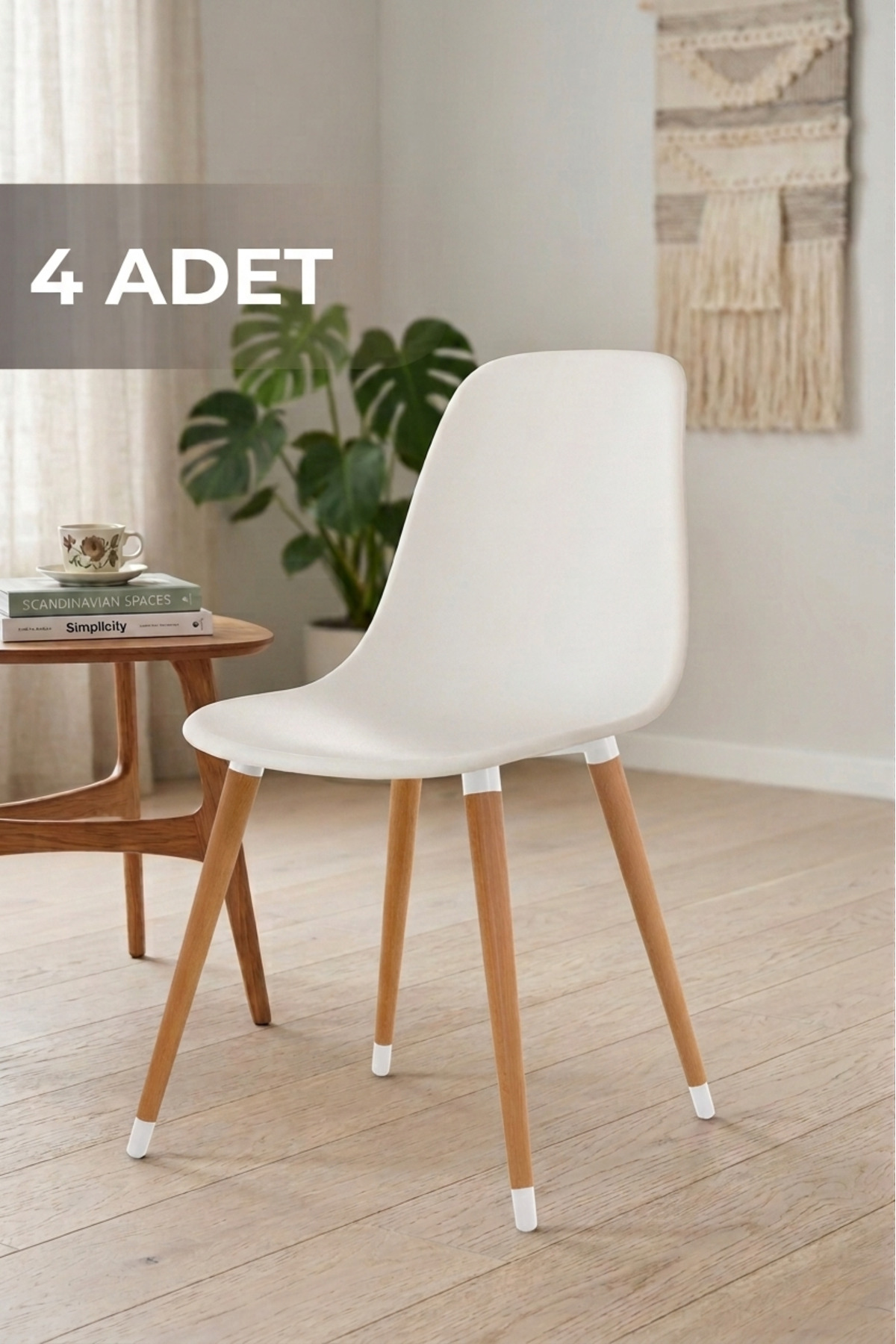 Abant Natural 4-Piece Set White Chair with Wooden Legs