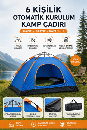 Onetick 6 Kişilik Renkli Dayanıklı Tam Otomatik Kamp Çadırı 220x250x165