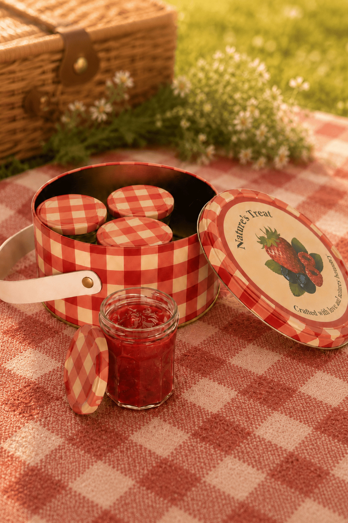 Home 2.8 L Strawberry Red Leather Handle Box and 4 Pieces 200 ml Jar Picnic Set 190X100 mm