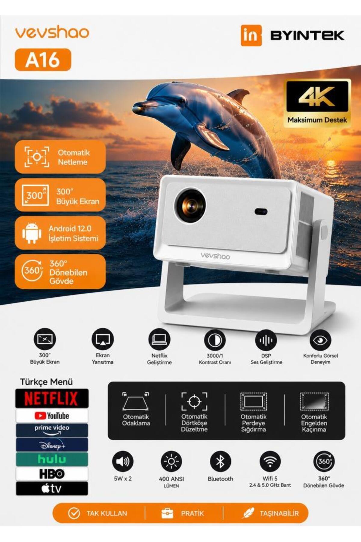 BYINTEK Vevshao A16 380 ANSI Android Ev Sinema Sistemi Full HD Projeksiyon Cihazı Wi-Fi