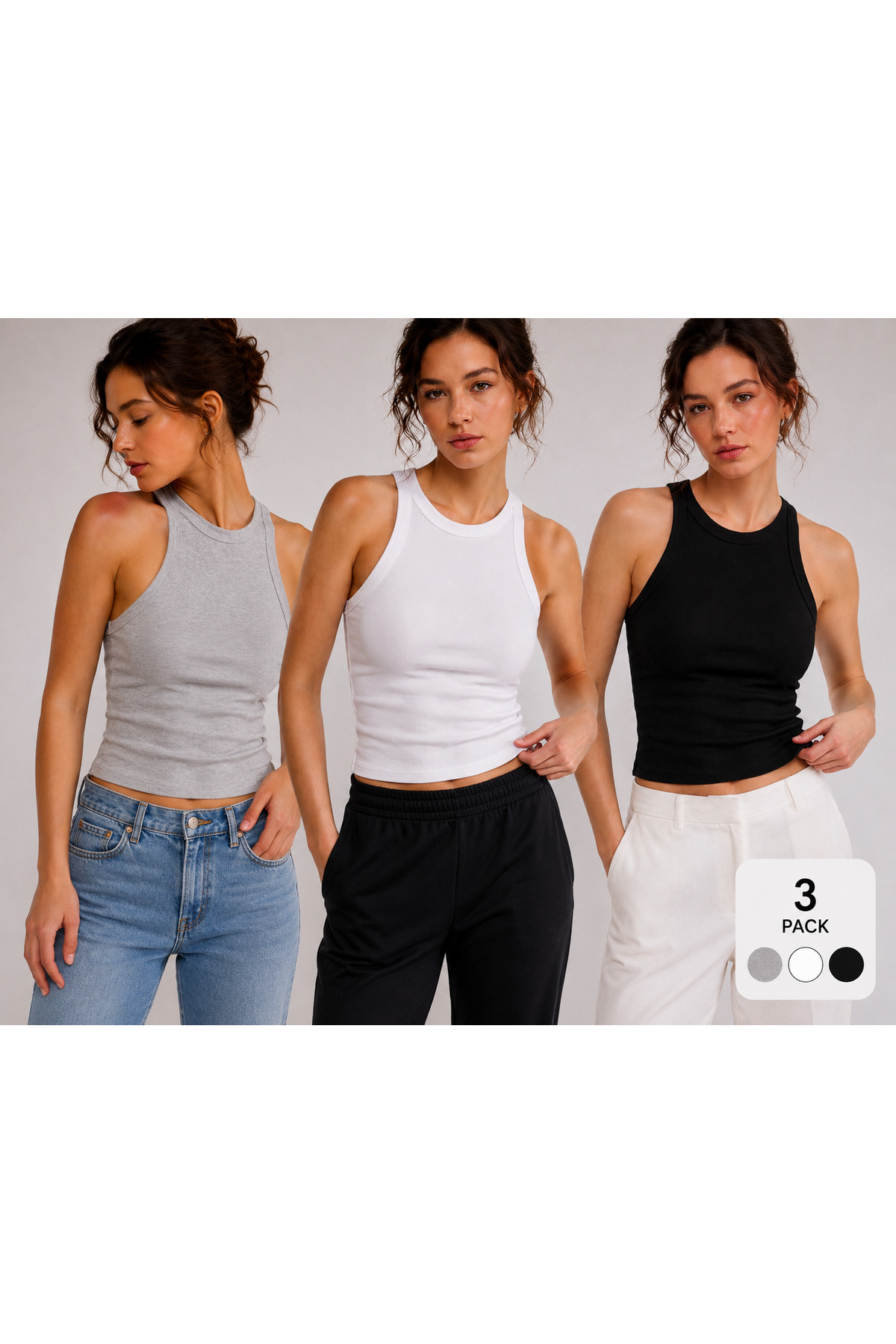 2-Pack Advantage Women's Ribbed Halter Collar and Thick Strap White Singlet