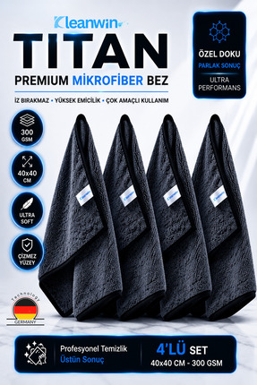 Kleanwin Titan 4’lü Mikrofiber Kurulama Bezi 40x40 cm | 300 GSM | Kurulama Ha...