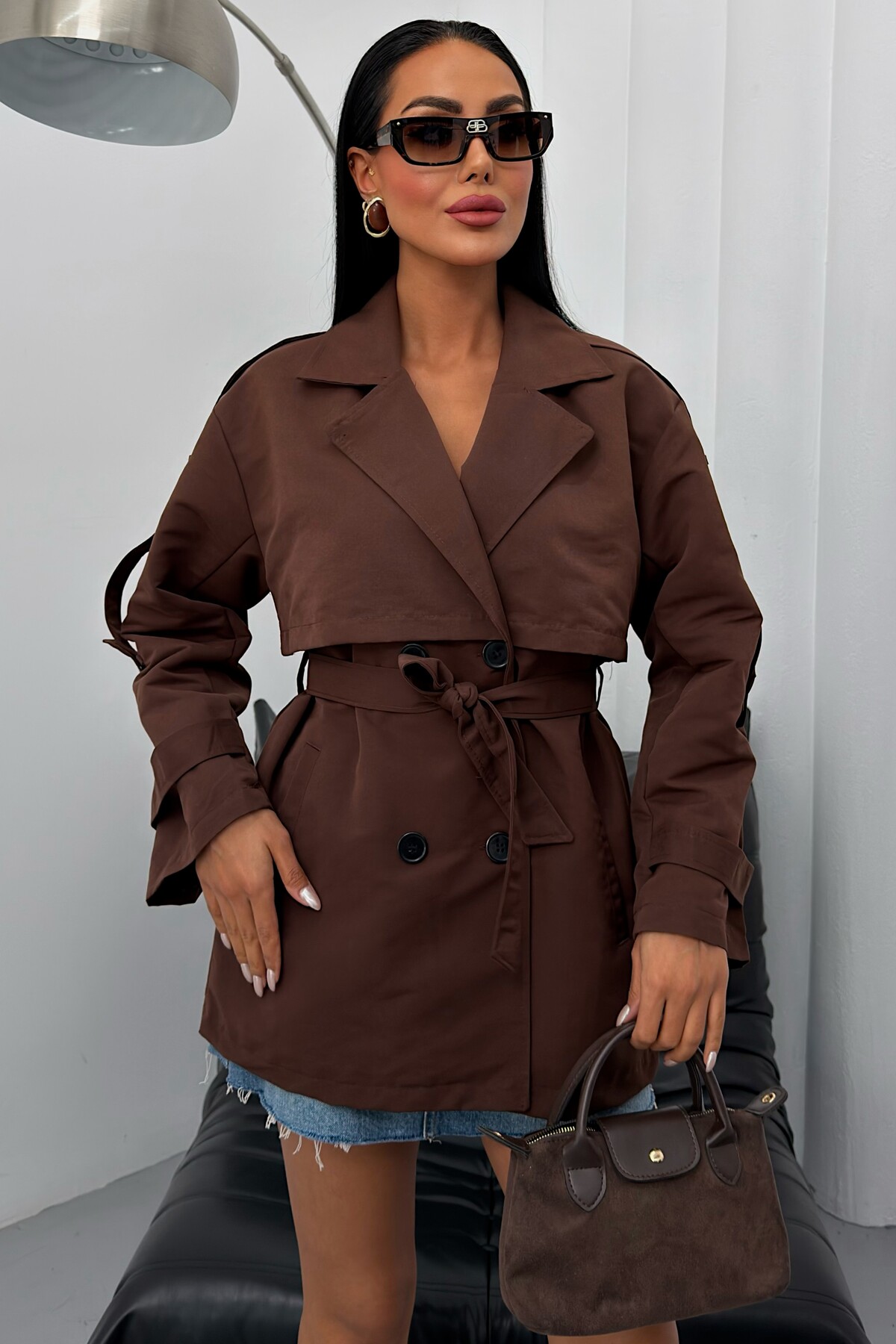 Women's Seasonal Linen Trench Coat - Buttoned Belted Wrap Collar Short Trench Coat