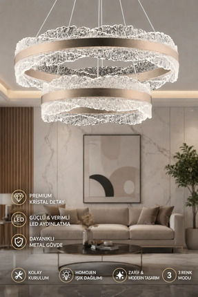 Elvora Home Modern (PREMİUM) 3 Renk Modlu Kristal LED Avize Sarkıt Salon Aviz...