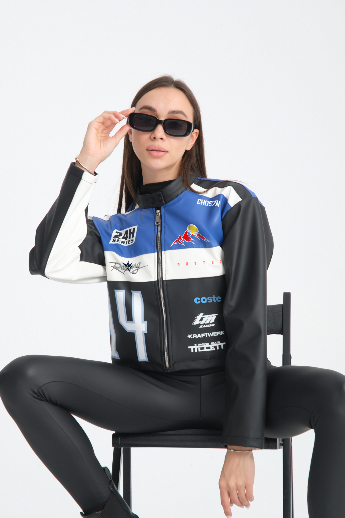 Women Oversize Printed Leather Striped Biker Coat Garnish Zippered Racer Jacket Bomber College Coat