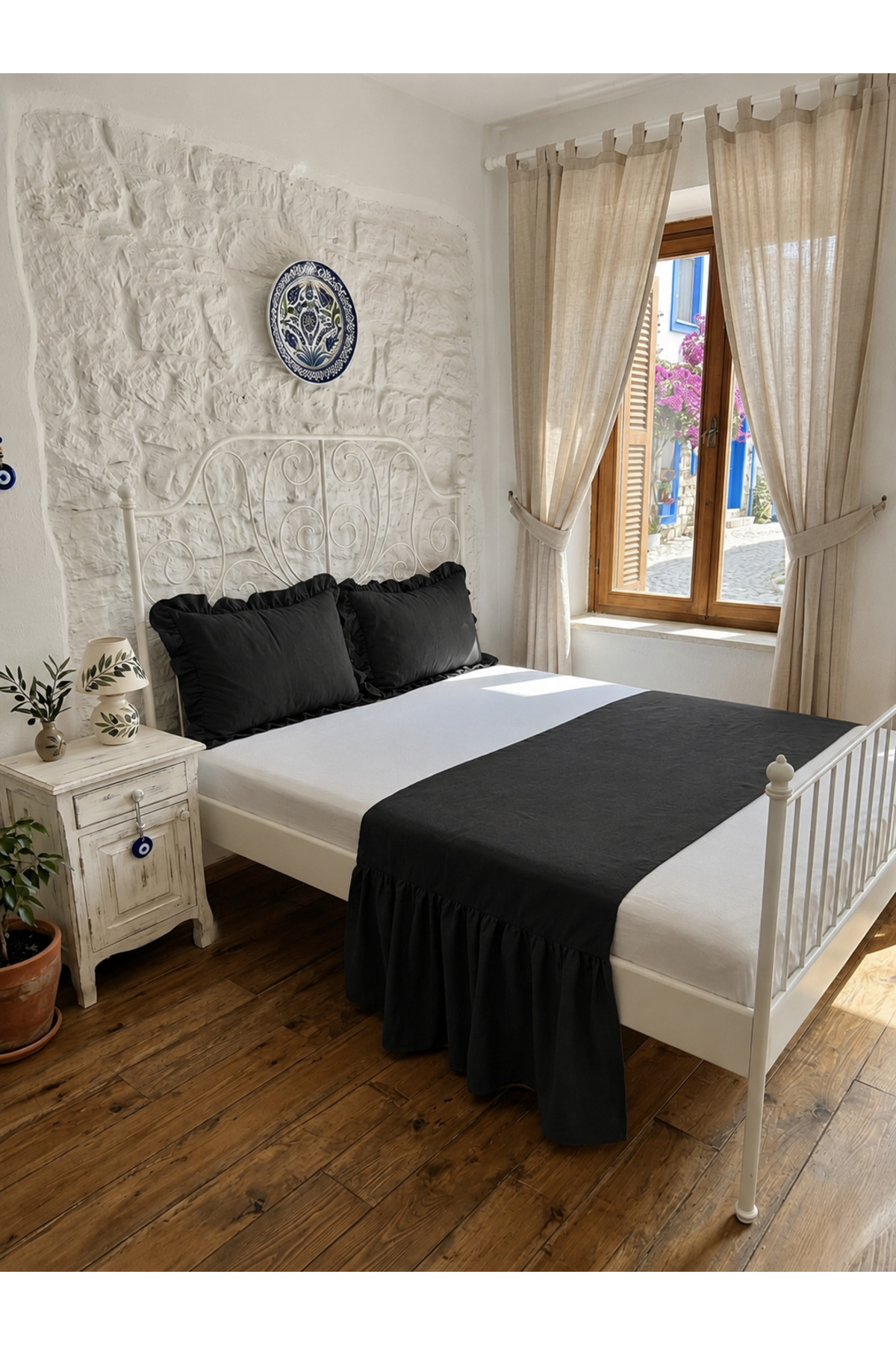 Decamor home İnci 3’lü Vintage Fırfırlı Siyah Çift Kişilik Yatak Runner