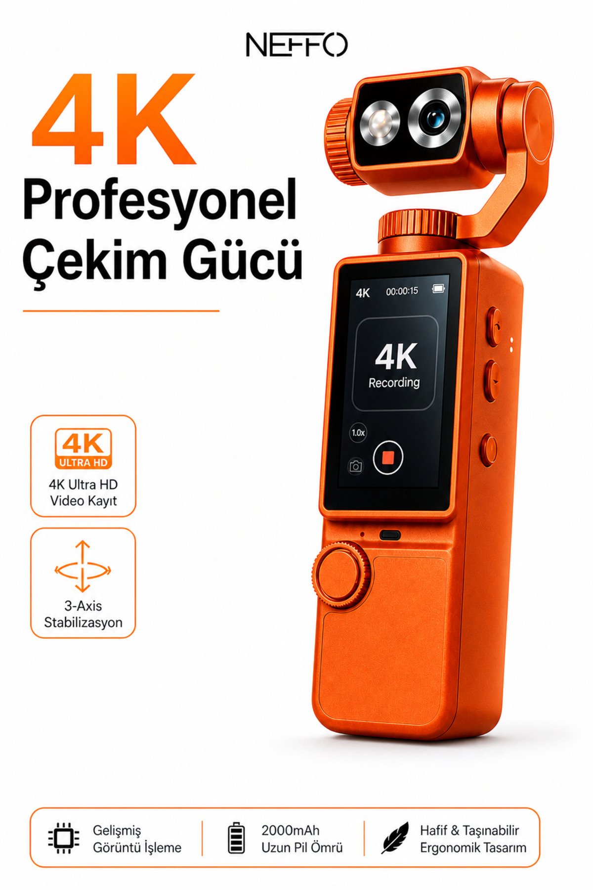 NEFFO 4K HD Taşınabilir Vlog Spor Ve Aksiyon Kamerası 2.0" Döndürülebilir IPS Ekran Gimbal Kamera