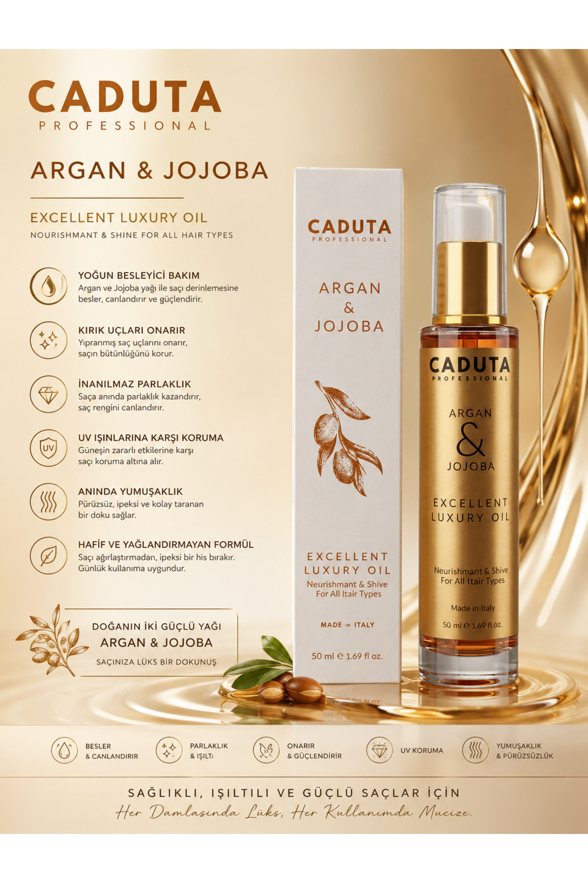 CADUTA PROFESSIONAL Onarıcı Ve Besleyici Saç Bakım Yağı Excellent Luxury Argan & Jojoba Oıl 50ml — CDT101