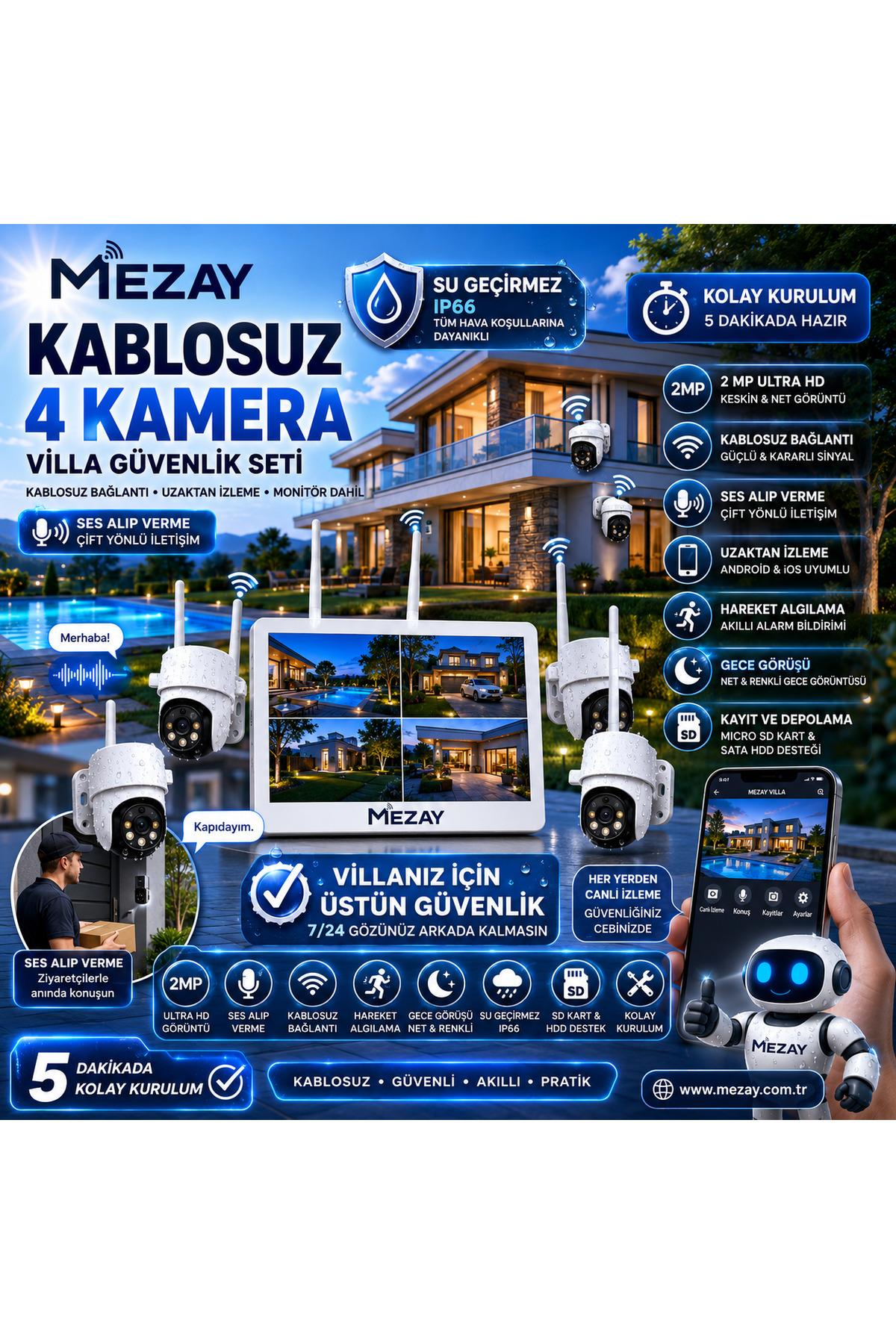 mezay 4’lü Gece Renkli Güvenlik Kamera Seti wifi kablosuz monitör dahil