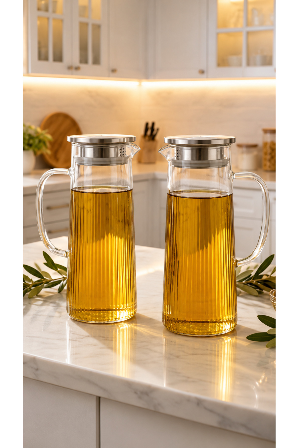 Steel Vacuum Lid Borosilicate Striped Large Glass Oil Bowl, Jug, Vinegar and Milk Pot | 2-Piece - 1300ml