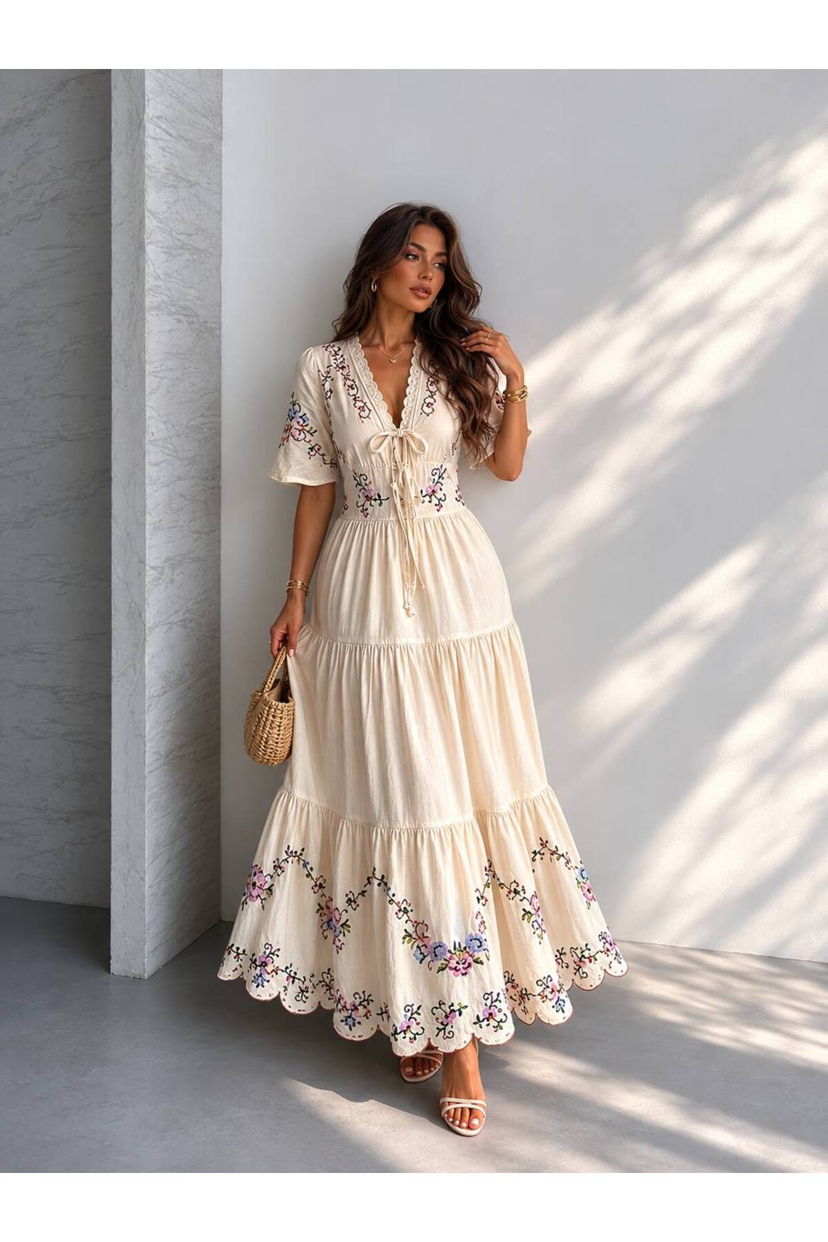 D'RECCY Women's Etamin Embroidered Linen Dress with Elastic Waist