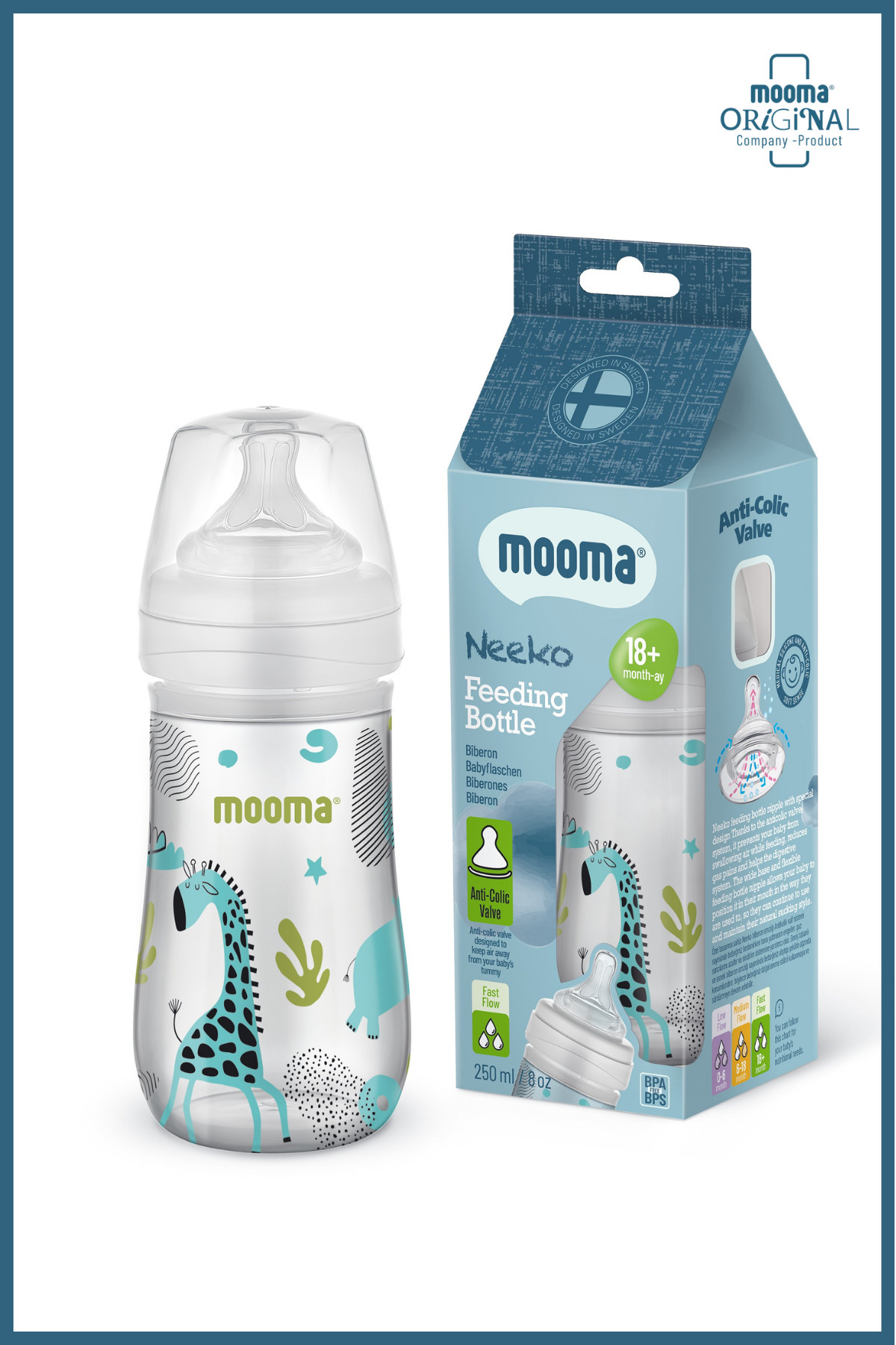 MOOMA Neeko Doğal Tepkili Antikolik PP Animals Desenli Biberon 250 ml (18+ Ay) – Hızlı Akış