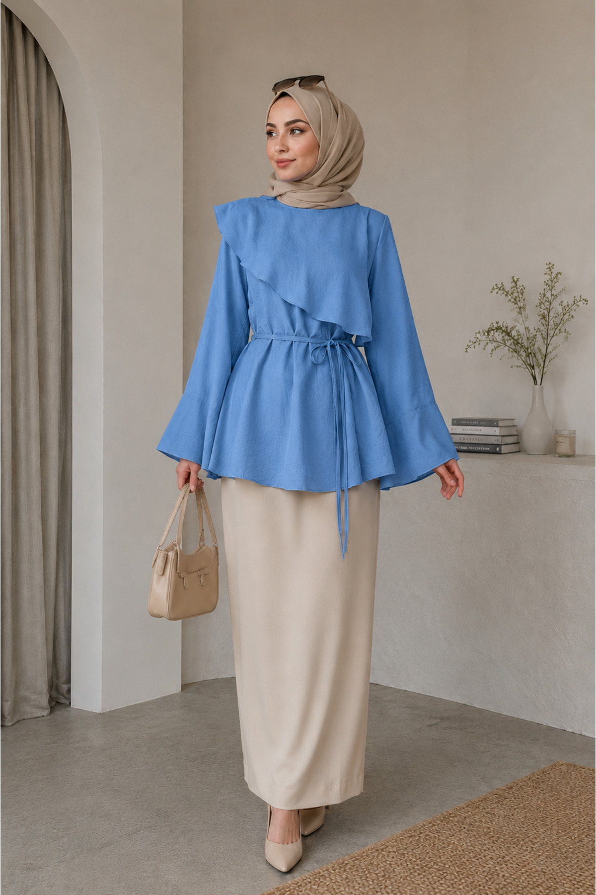 fera butik Women's Belted Hijab Shirt Tunic