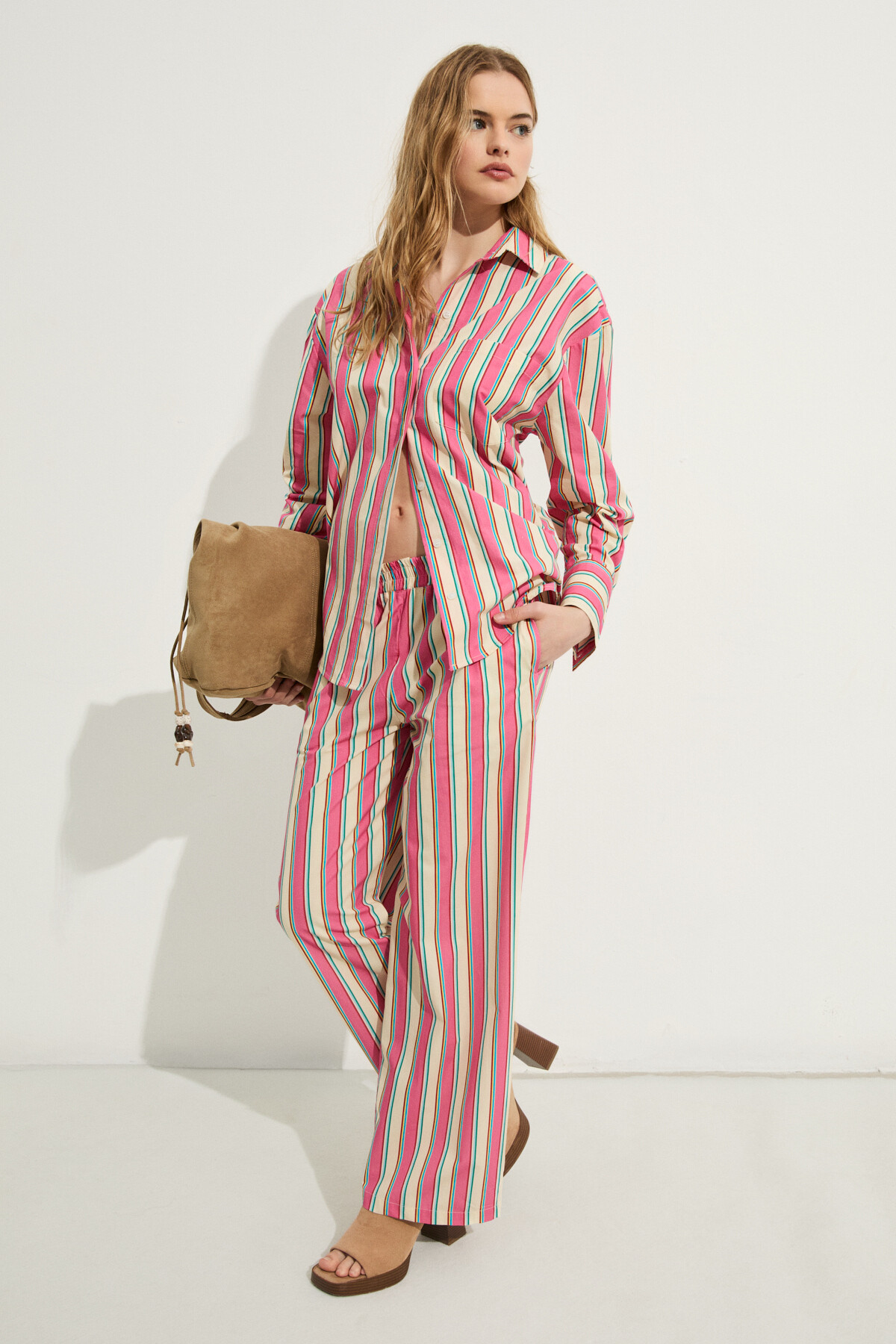 GRIMELANGE MIREL Kadın Oversize Fit %100 Organik Pamuklu Pembe Çizgili Gömlek görsel 3