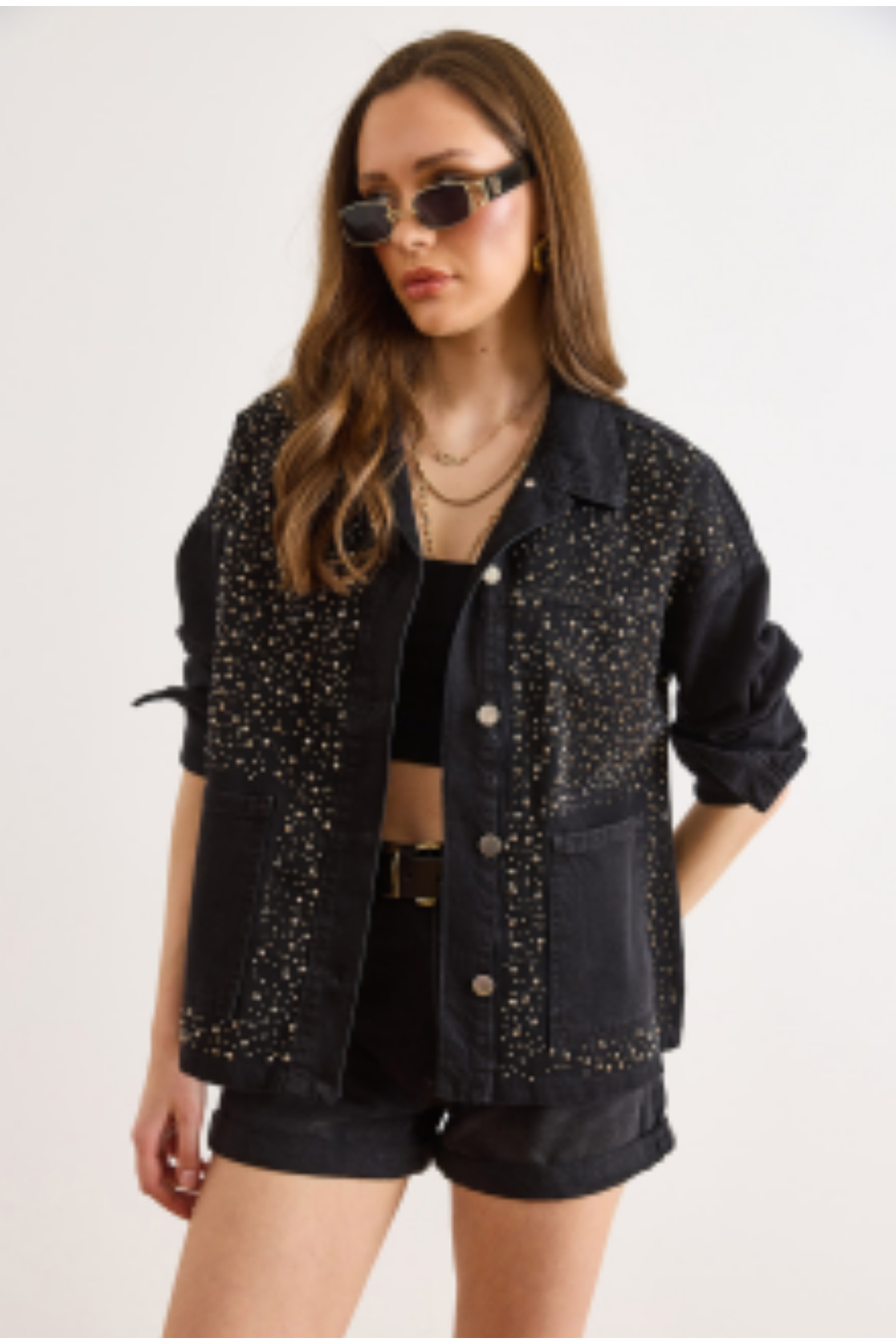 Olalook Kadın Siyah Serpme Taş Detaylı Cepli Pamuk Denim Ceket CKT-19000448 görsel 5