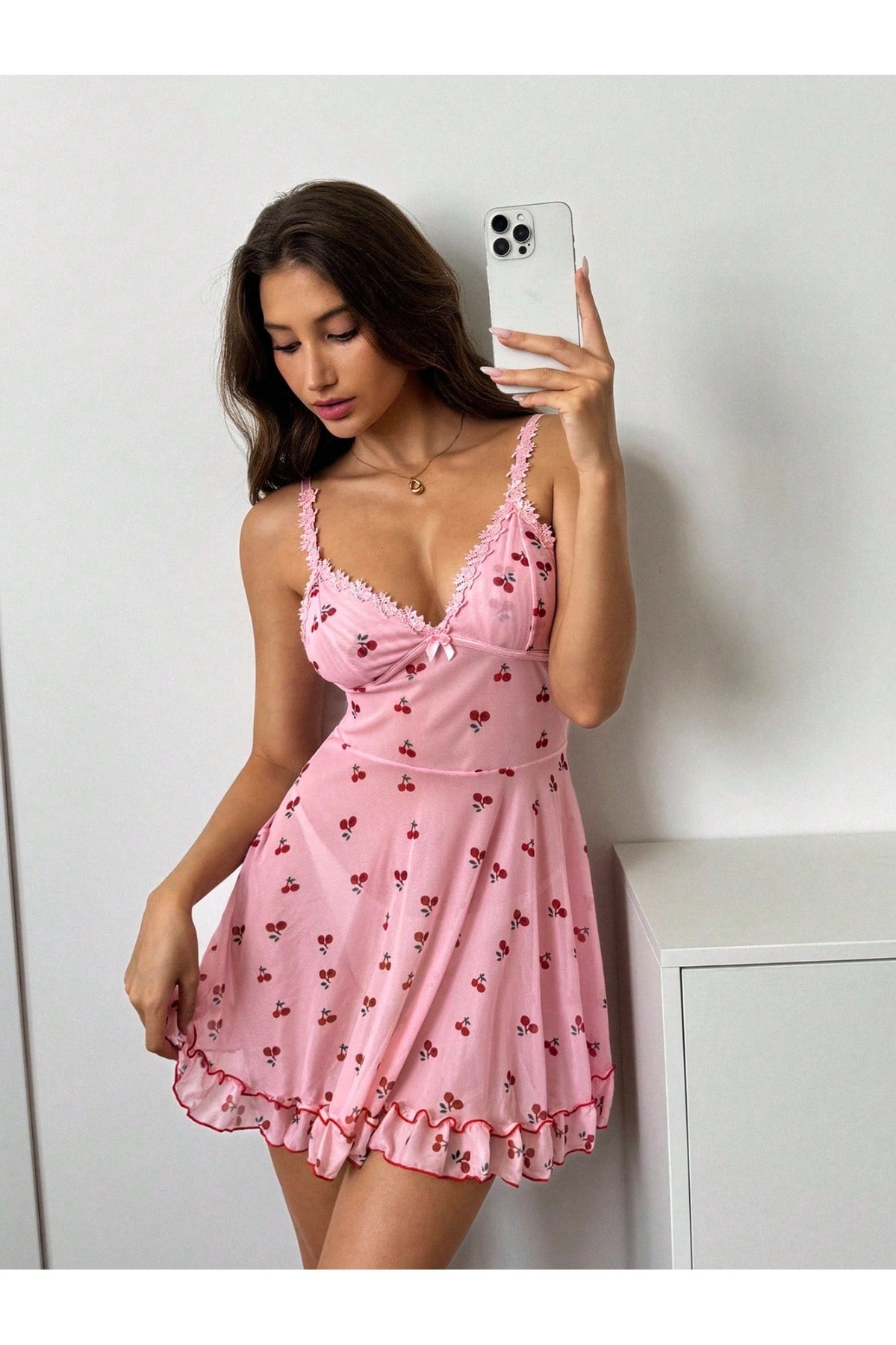 JUBELS Romantik Pembe Kiraz Baskılı Askılı Tanga Ve Gecelik görsel 5