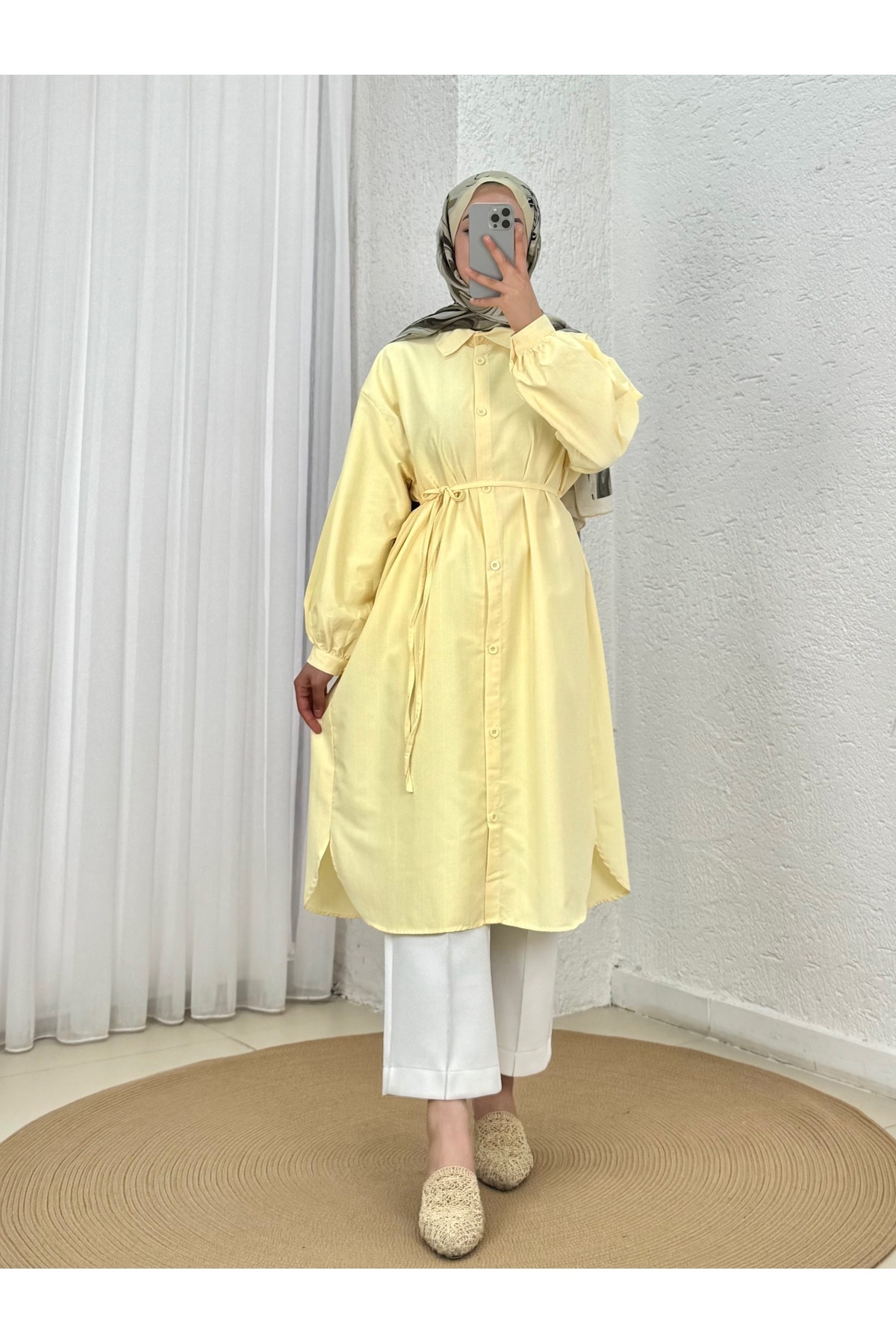 Honey Wrist Ruched Striped Long Tunic with Slit Sides-EK141.2 Yellow