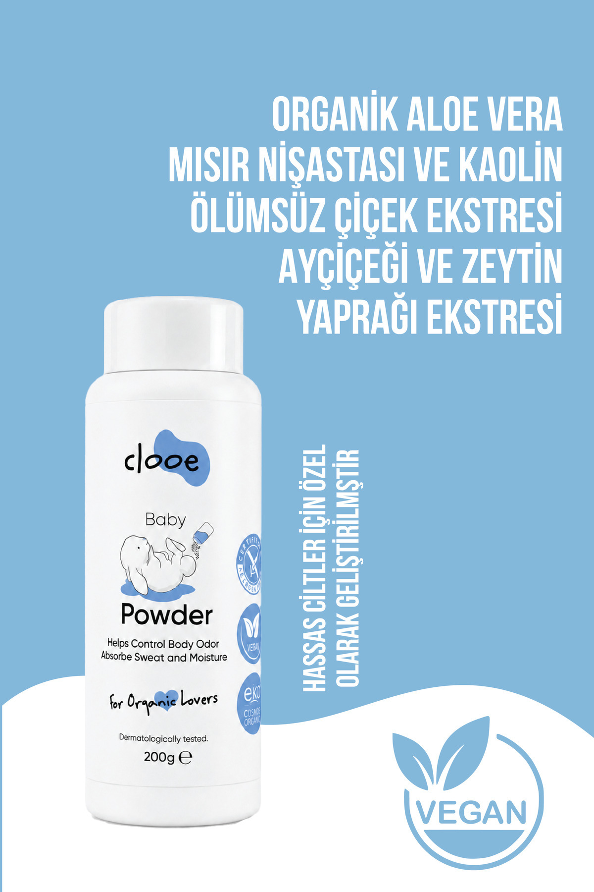 Bebek Pudrası 200 g - Talk İçermez - Organik - Aloe Vera & Mısır Nişastalı - Hassas Ciltler İçin — STK013 — تصویر 3 از 4