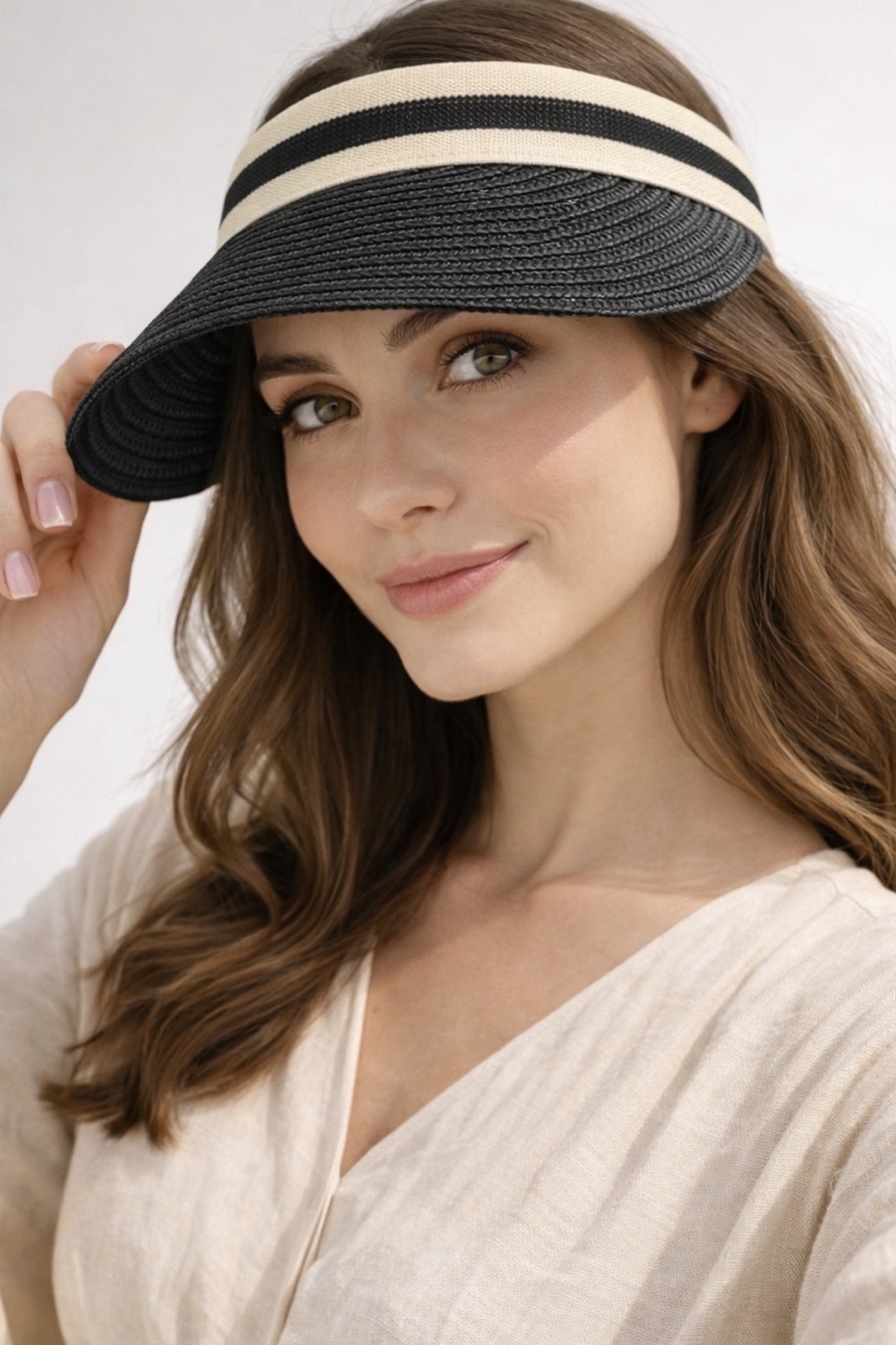 Black Sunscreen Imported Striped Straw Visor Hat Hijab Crown Model Summer Hat