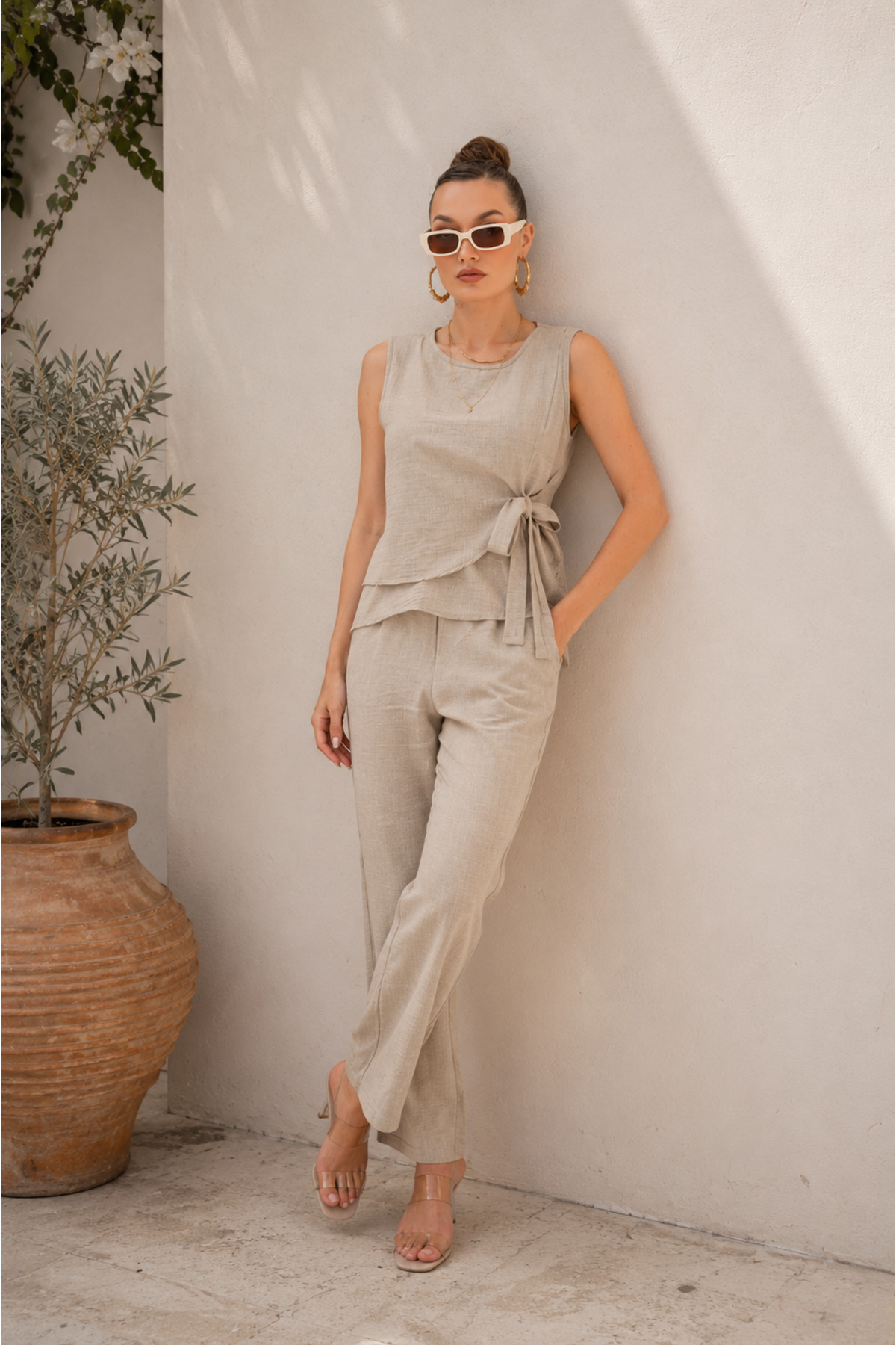 ŞİMAL Ženska bluza sa bočnim vezivanjem i detaljima, pantalone, dupli set 260108